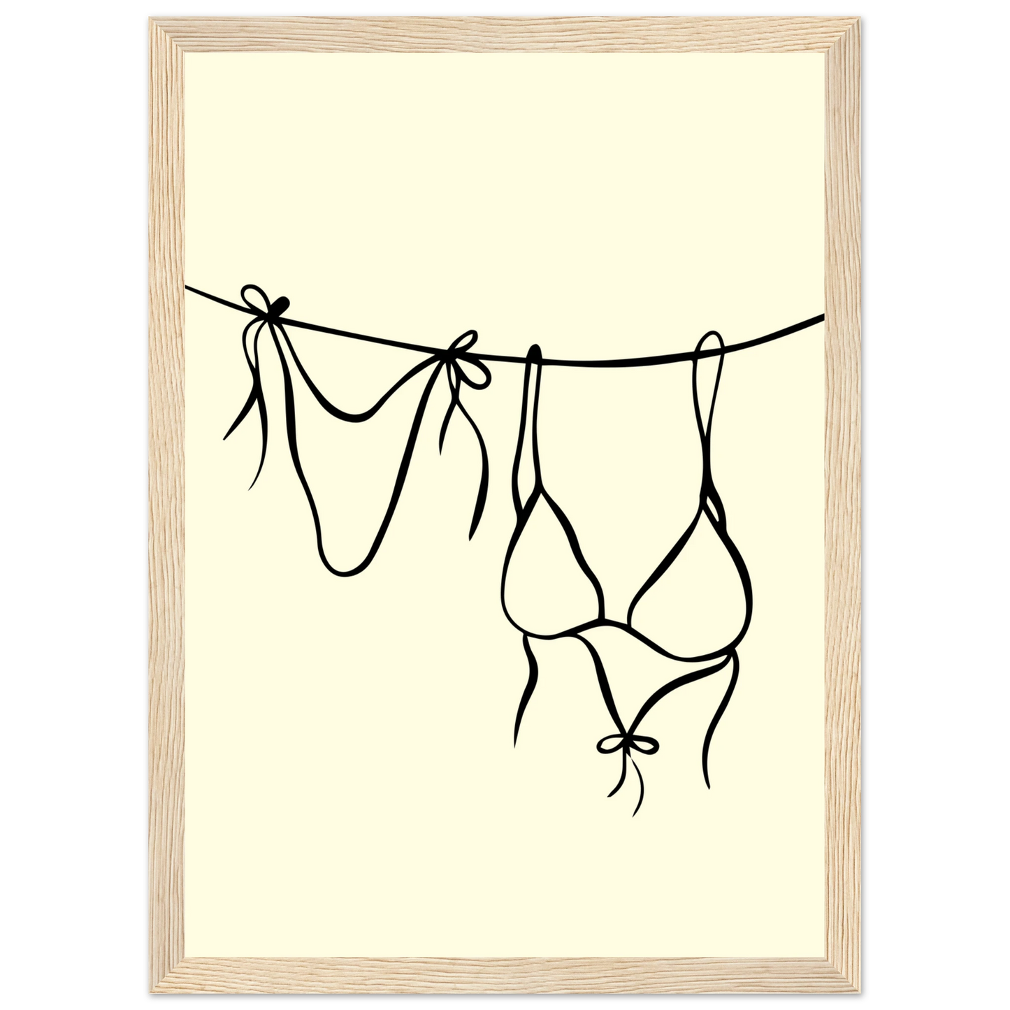 Bikini line art print minimalist swimwear wall art by anya trut available in multiple sizes and frame styles art print in a Black frame size 21x29.7 cm / 8x12" affordable wall art by Art Aunty NZ