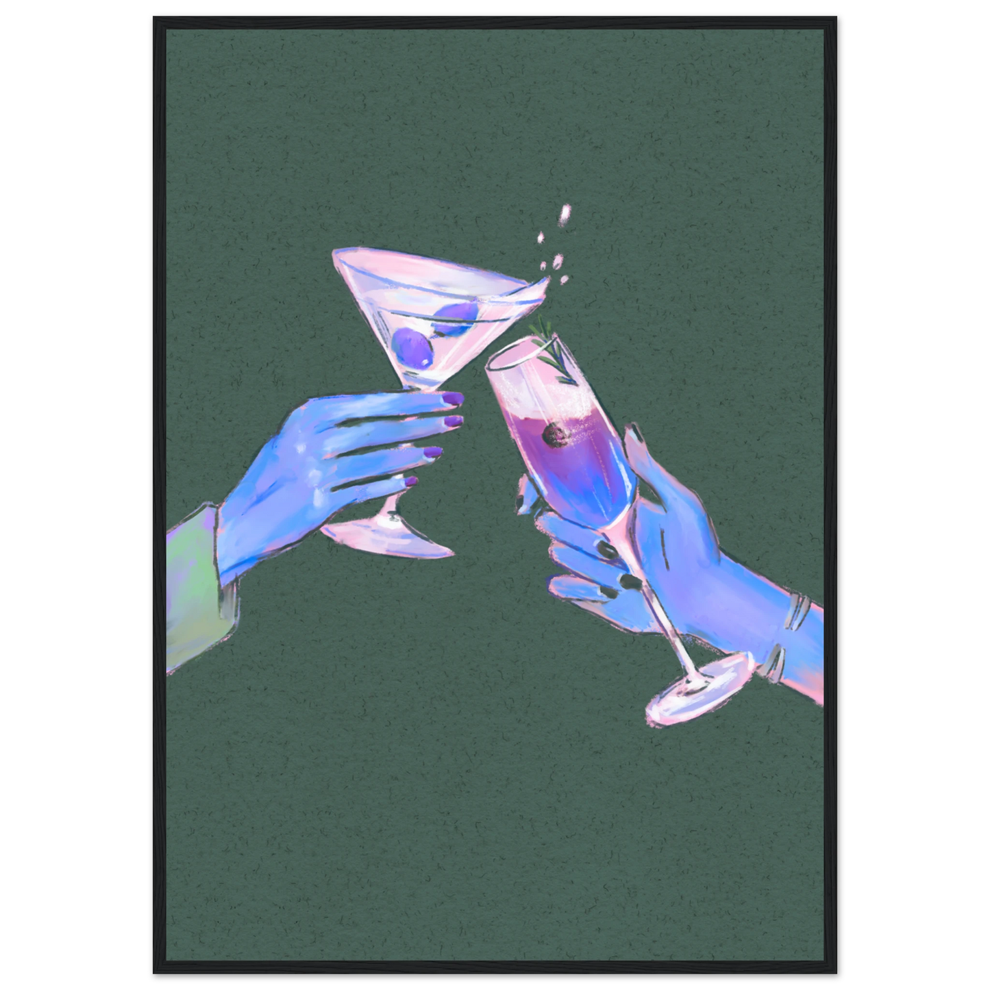 4pm cheers art print vibrant cocktail illustration for modern spaces available in multiple sizes and frames art print in a Wood frame size 21x29.7 cm / 8x12" affordable wall art by Art Aunty NZ