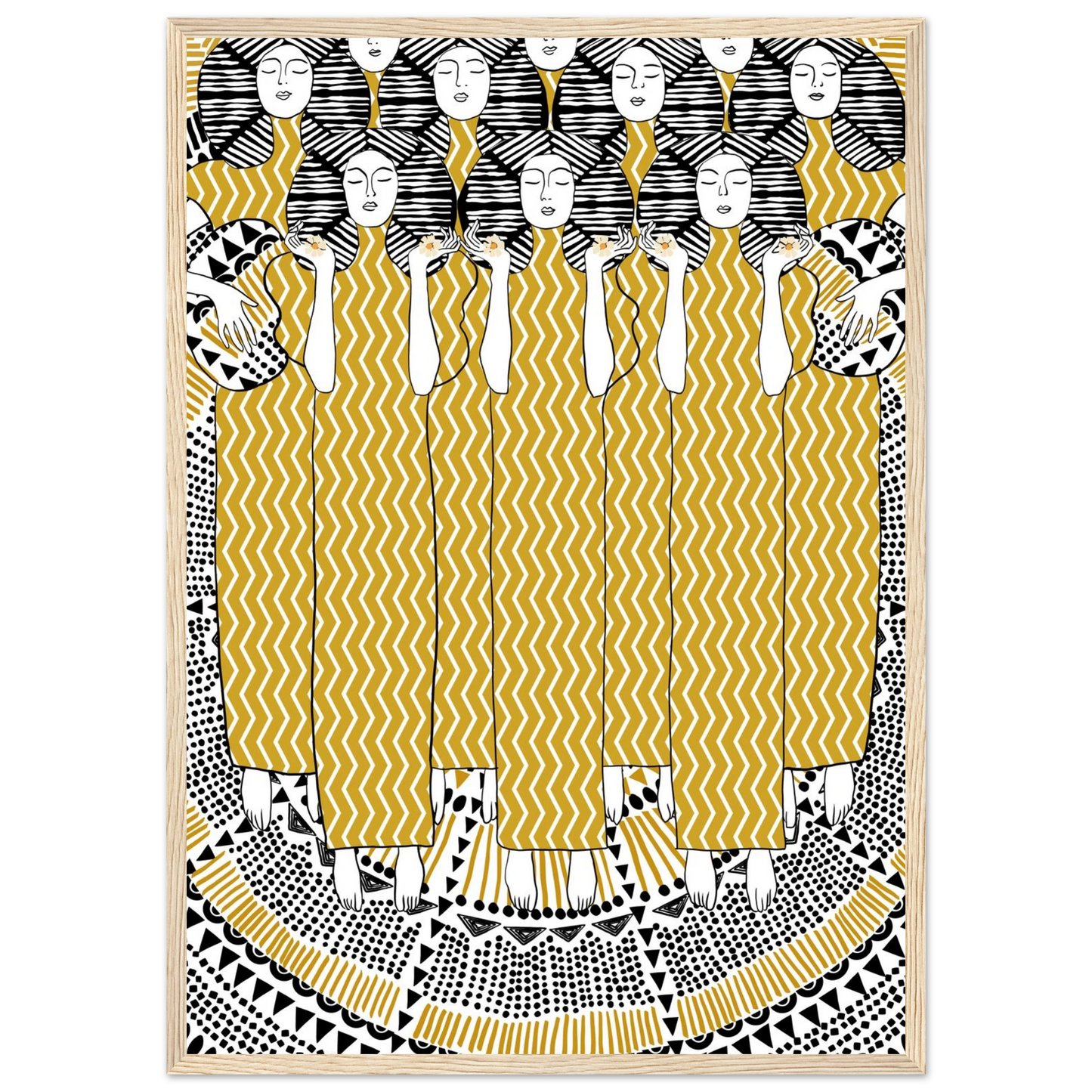 Golden women art print bohemian serenity with geometric patterns your choice of size frame art print in a Black frame size A1 (59.4 x 84.1  cm) affordable wall art by Art Aunty NZ