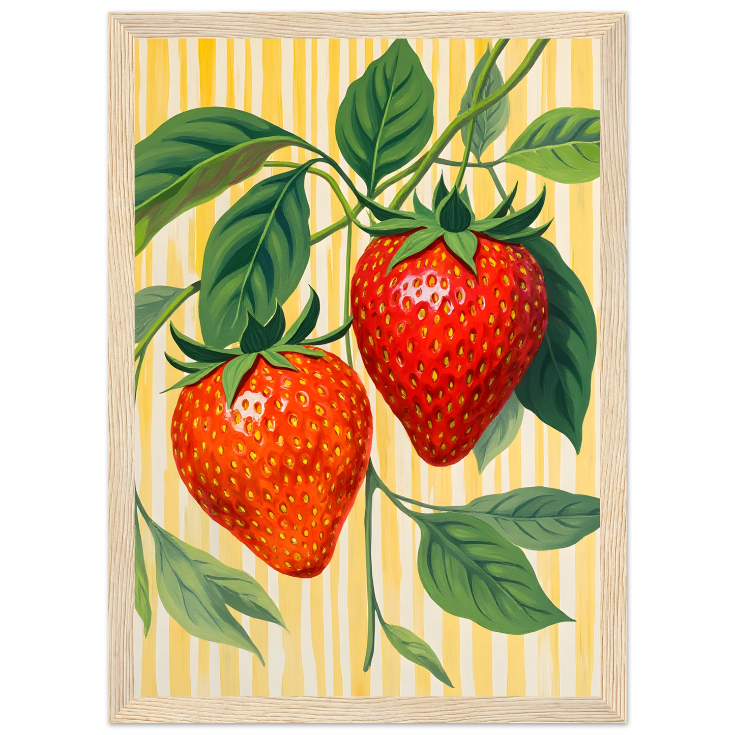 Strawberry bliss vibrant botanical art print by anya trut choose your size frame art print in a Black frame size 21x29.7 cm / 8x12" affordable wall art by Art Aunty NZ