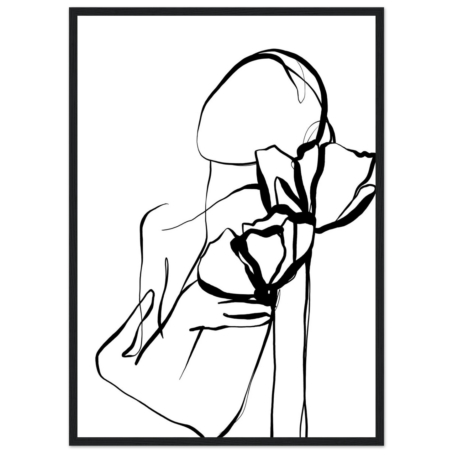 Abstract floral embrace line art print minimalist black white botanical poster art print in a White frame size A2 (42 x 59.4  cm) affordable wall art by Art Aunty NZ