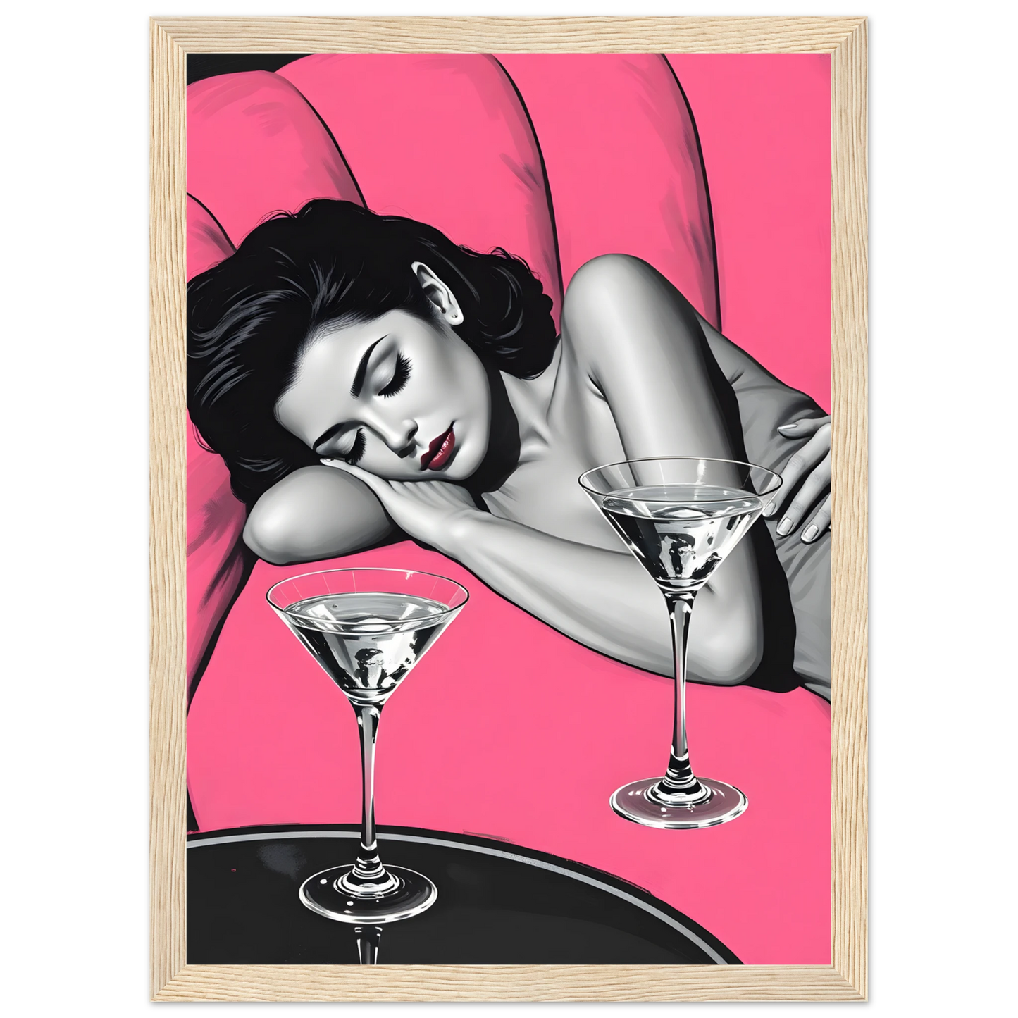 Pink noir chic night cap pop art print by anya trut choose your size frame art print in a Black frame size 21x29.7 cm / 8x12" affordable wall art by Art Aunty NZ
