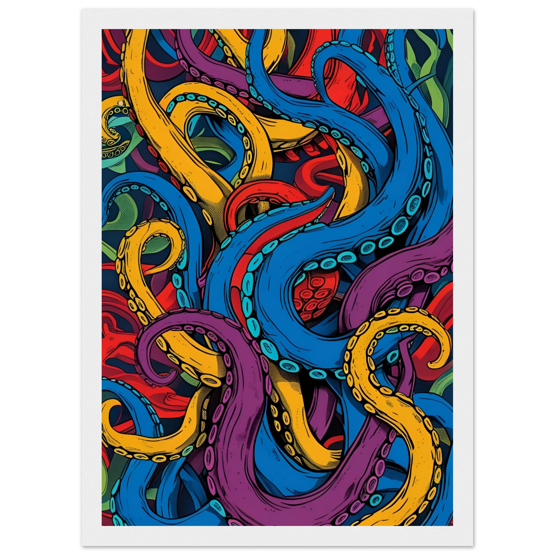 Vibrant tentacles abstract art print dynamic ocean inspired wall decor in your choice of size frame art print in a Wood frame size A1 (59.4 x 84.1  cm) affordable wall art by Art Aunty NZ