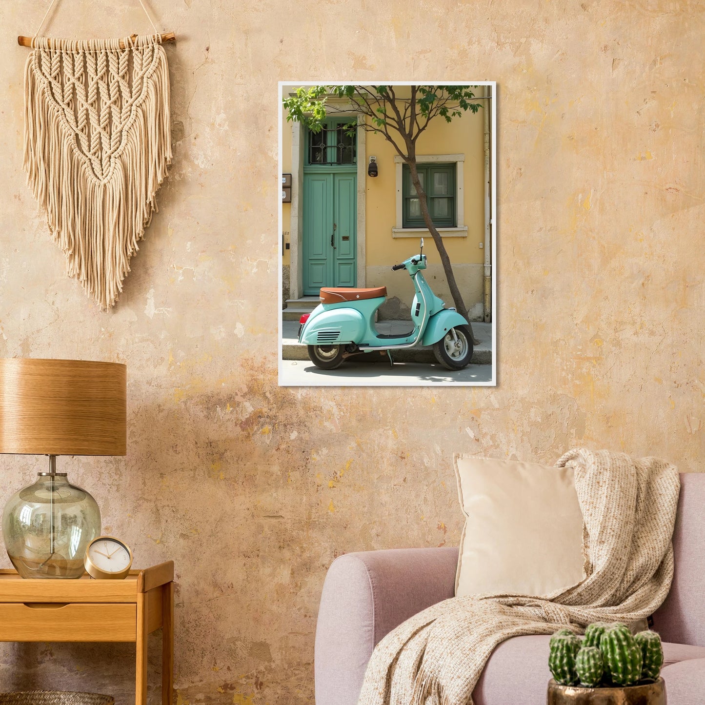Retro teal vespa street scene art print by anya trut choose your size frame art print in a  size  affordable wall art by Art Aunty NZ