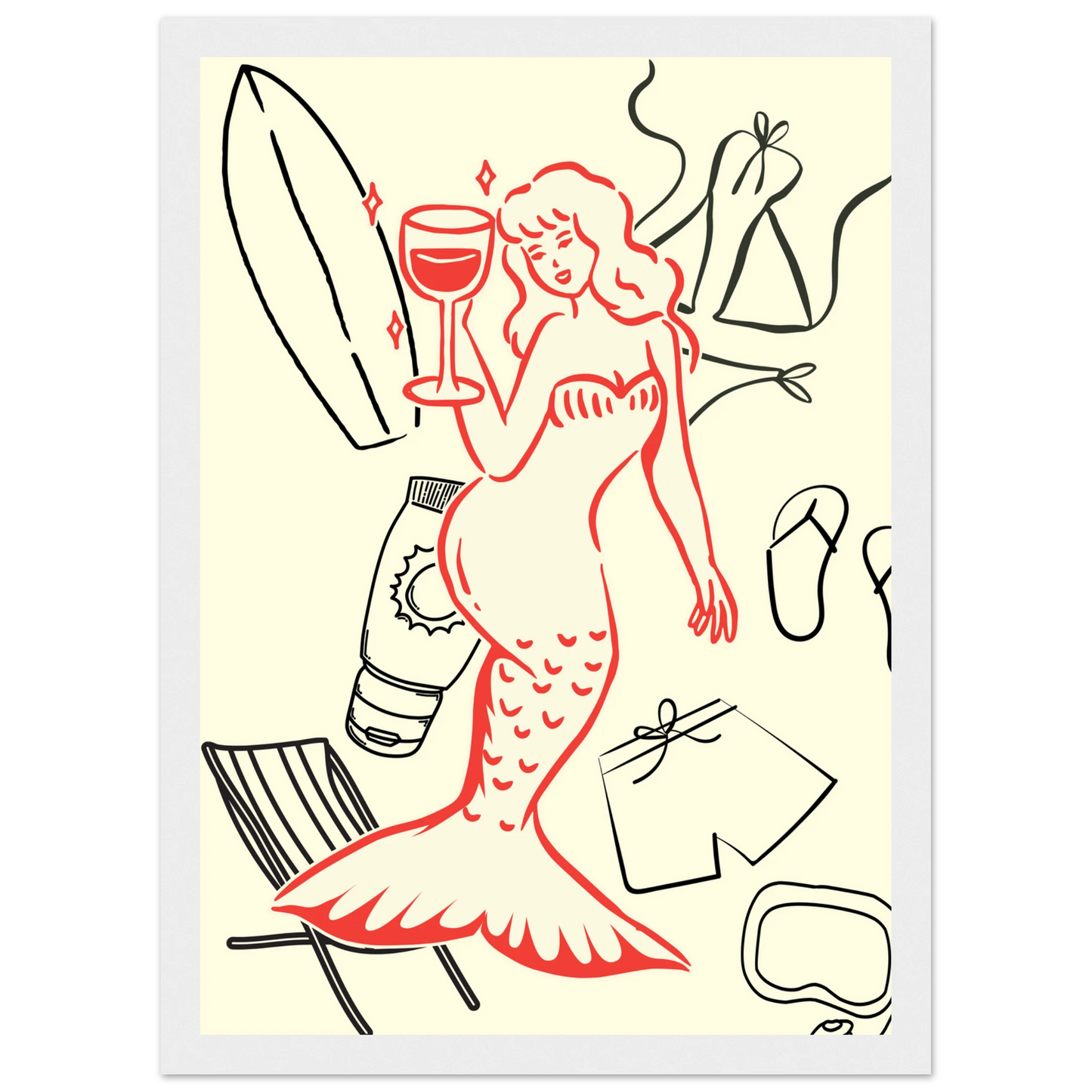 Summer mermaid wall art print beach vibes relaxation in your choice of size frame art print in a Wood frame size A1 (59.4 x 84.1  cm) affordable wall art by Art Aunty NZ