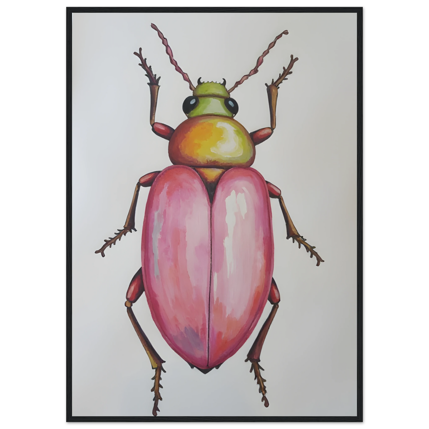 4pm whimsical pink green beetle art print for modern spaces available in three sizes and frame finishes art print in a Wood frame size 21x29.7 cm / 8x12" affordable wall art by Art Aunty NZ