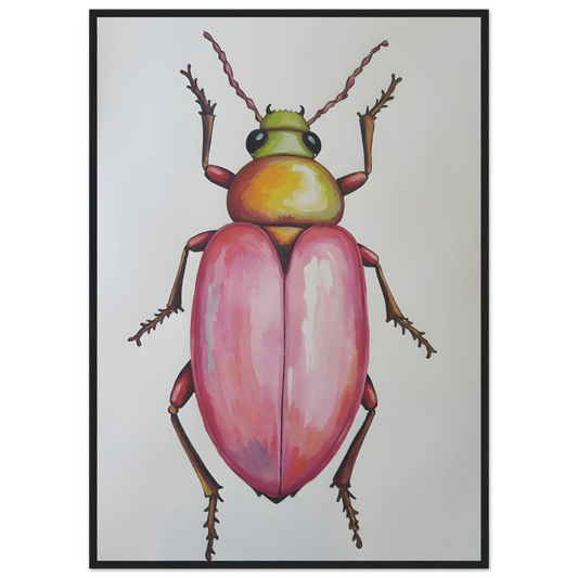 4pm whimsical pink green beetle art print for modern spaces available in three sizes and frame finishes art print in a Wood frame size 21x29.7 cm / 8x12" affordable wall art by Art Aunty NZ