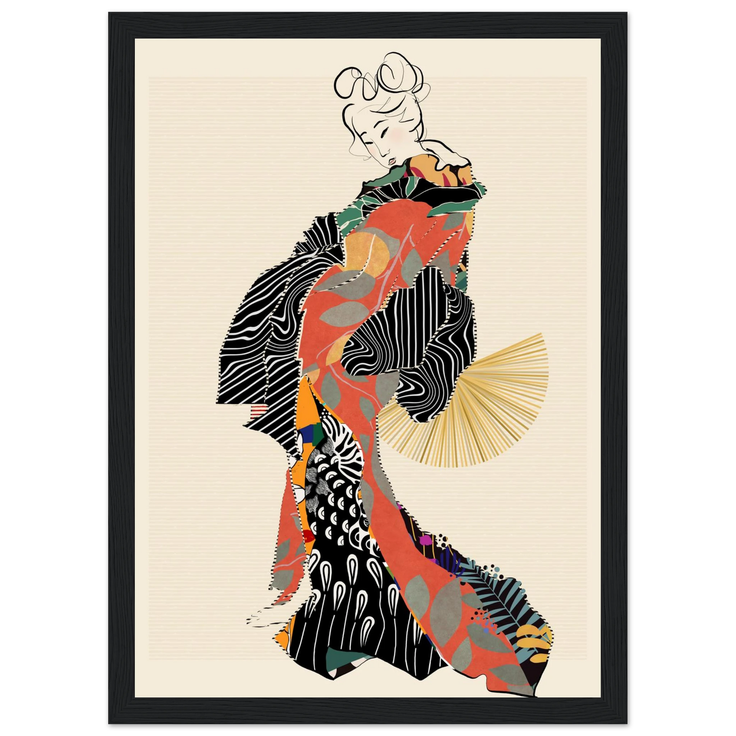 Abstract kimono geisha art print by ioana horvat vibrant patterns elegant style various sizes frames art print in a Wood frame size 21x29.7 cm / 8x12" affordable wall art by Art Aunty NZ