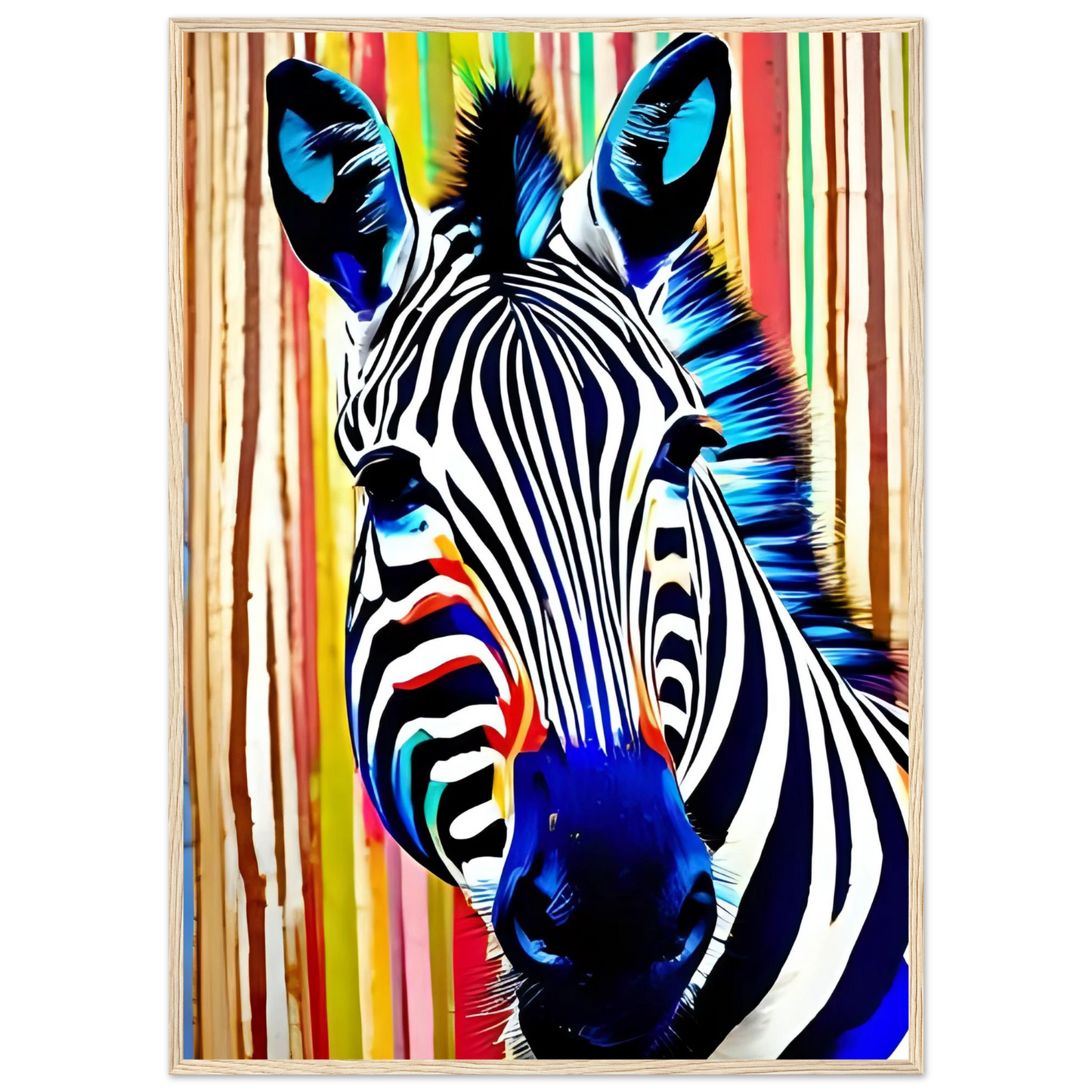 Abstract neon zebra art print electric stripes by anya trut in your choice of size and frame art print in a Black frame size A1 (59.4 x 84.1  cm) affordable wall art by Art Aunty NZ