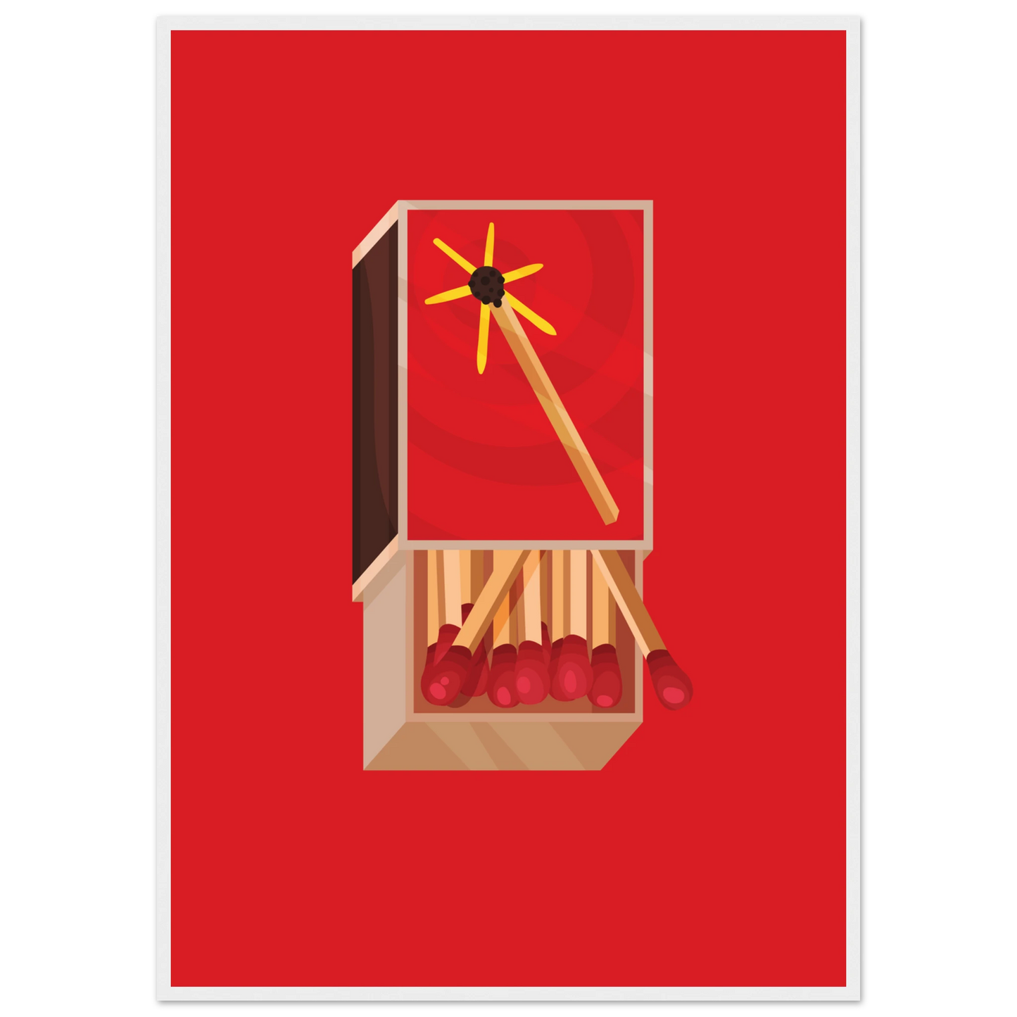 Fiery matchbox art print ignite your decor with bold red yellow hues available framed in various sizes art print in a White frame size 21x29.7 cm / 8x12" affordable wall art by Art Aunty NZ
