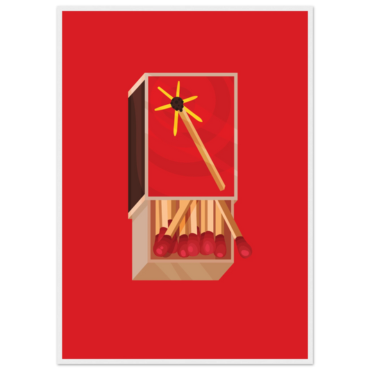 Fiery matchbox art print ignite your decor with bold red yellow hues available framed in various sizes art print in a White frame size 21x29.7 cm / 8x12" affordable wall art by Art Aunty NZ