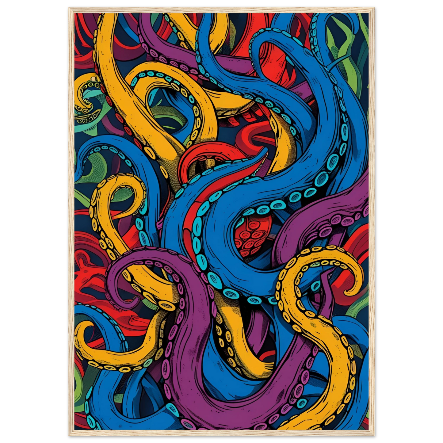 Vibrant tentacles abstract art print dynamic ocean inspired wall decor in your choice of size frame art print in a Black frame size A1 (59.4 x 84.1  cm) affordable wall art by Art Aunty NZ