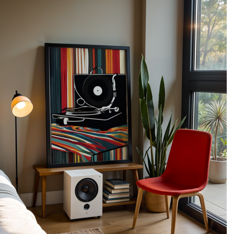 Retro groove record player framed poster vibrant pop art for your home multiple sizes frames art print in a  size  affordable wall art by Art Aunty NZ