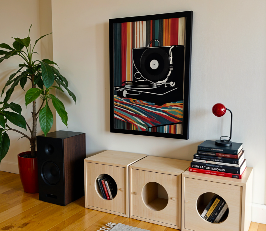 Retro groove record player framed poster vibrant pop art for your home multiple sizes frames art print in a  size  affordable wall art by Art Aunty NZ