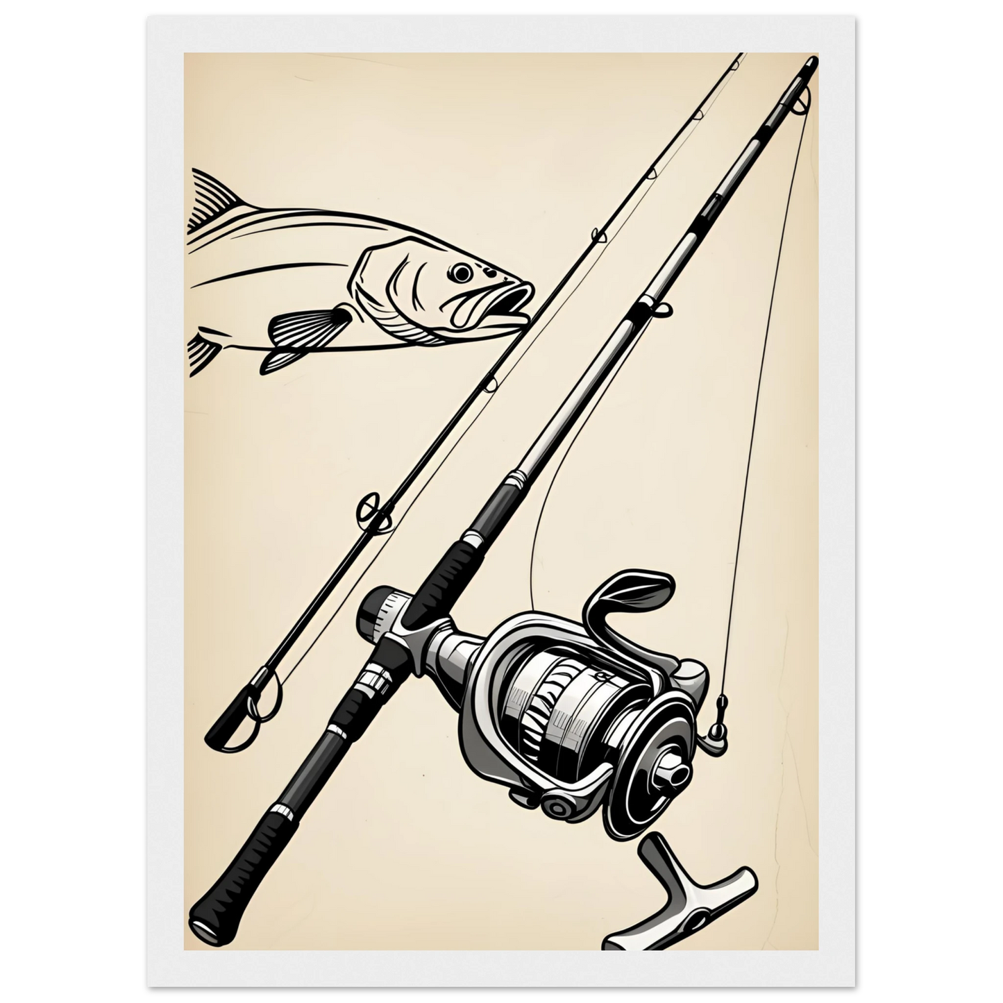 Classic fishing rod reel with bass design art print for anglers outdoors enthusiasts art print in a Wood frame size A1 (59.4 x 84.1  cm) affordable wall art by Art Aunty NZ