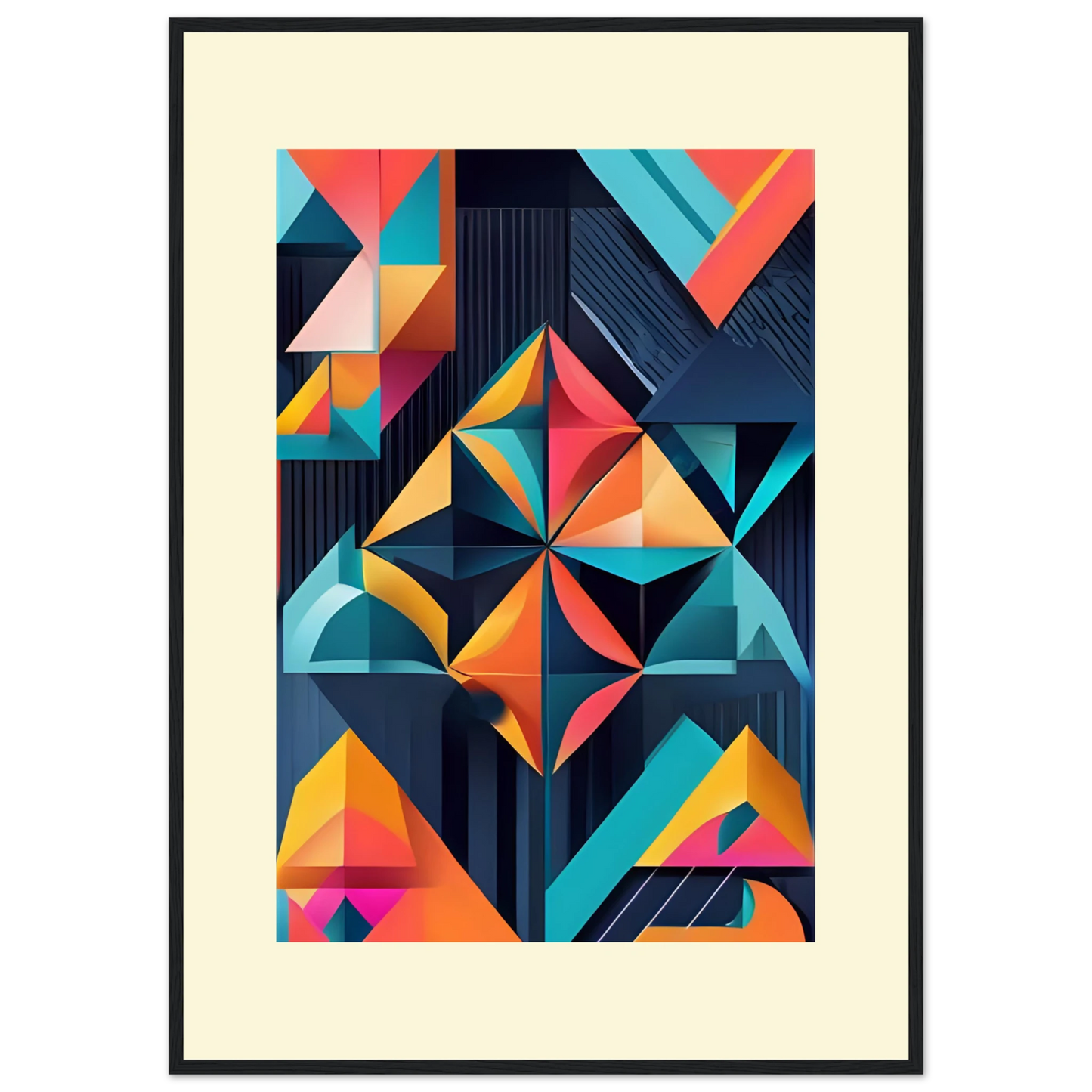 Abstract geometric kaleidoscope print by anya trut vibrant modern wall art in your choice of size frame art print in a Black frame size A2 (42 x 59.4  cm) affordable wall art by Art Aunty NZ