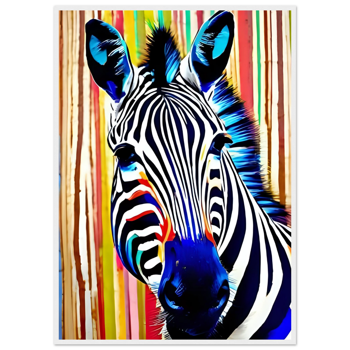 Abstract neon zebra art print electric stripes by anya trut in your choice of size and frame art print in a White frame size 21x29.7 cm / 8x12" affordable wall art by Art Aunty NZ