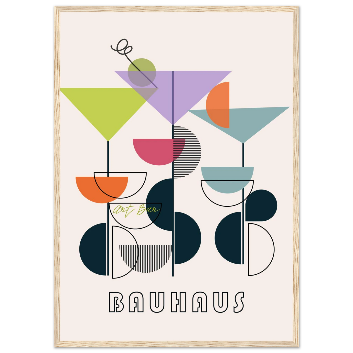 Bauhaus art bar cocktail abstract wall art print a modern geometric statement piece in your choice of frame and size art print in a Black frame size A1 (59.4 x 84.1  cm) affordable wall art by Art Aunty NZ