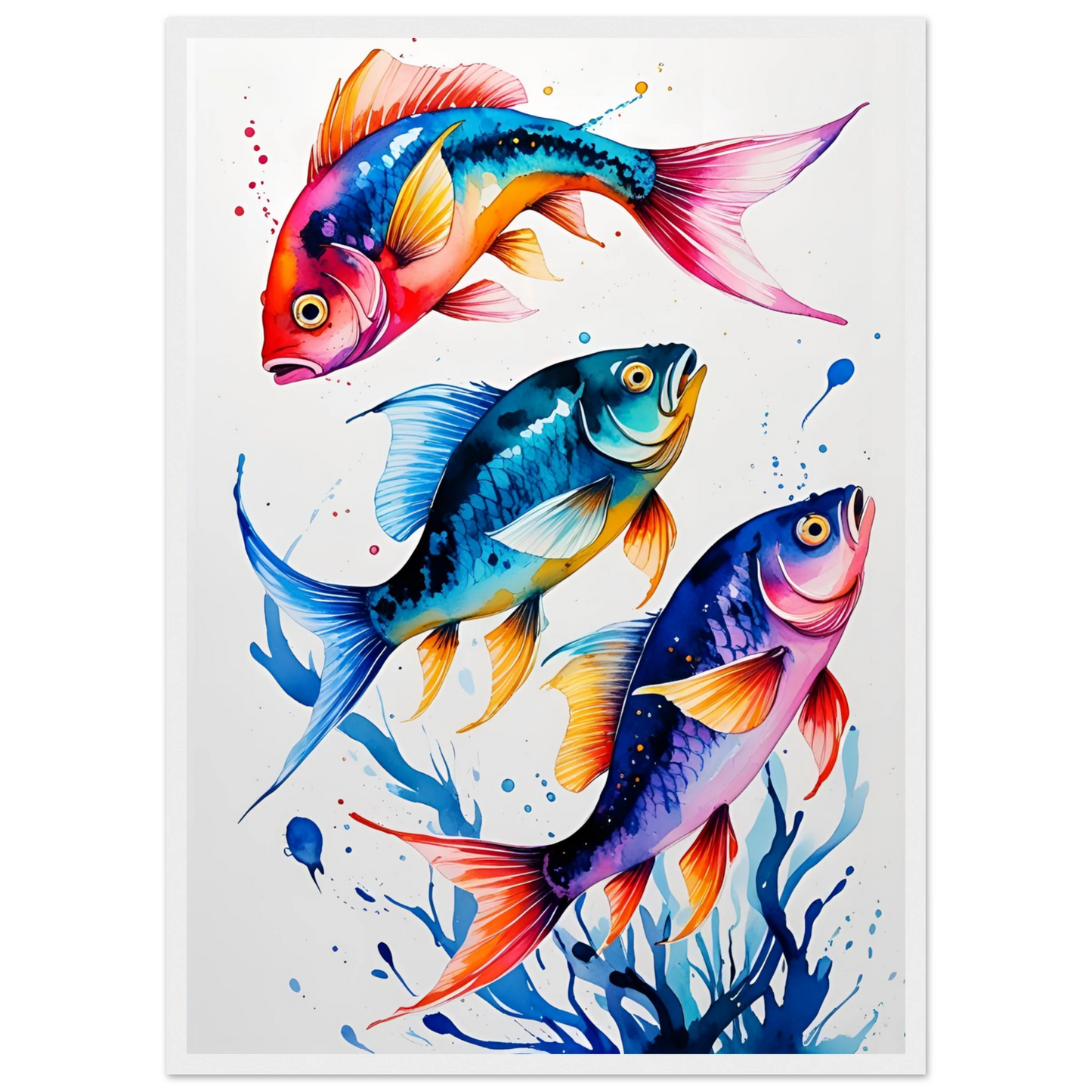 Vibrant ocean trio art print colorful fish watercolor wall decor available in various sizes frames art print in a Wood frame size A2 (42 x 59.4  cm) affordable wall art by Art Aunty NZ