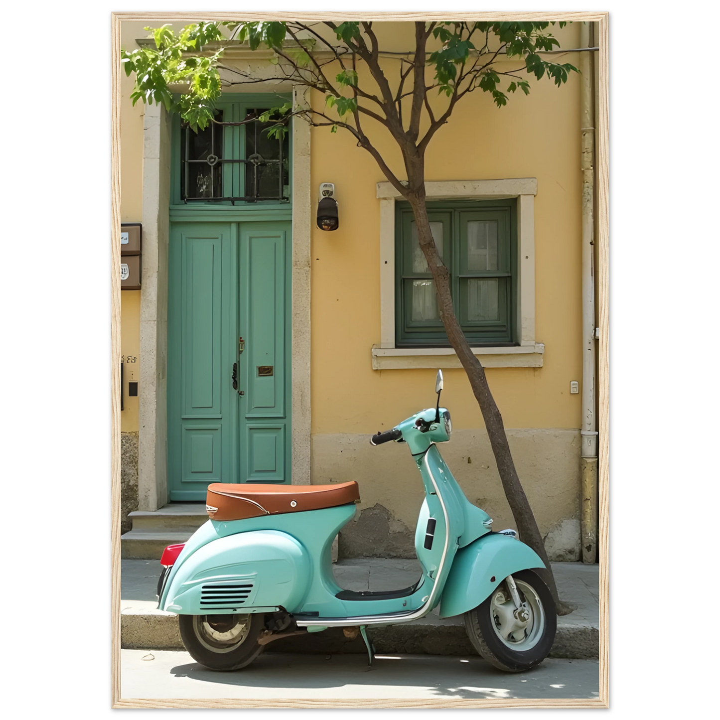 Retro teal vespa street scene art print by anya trut choose your size frame art print in a Black frame size A1 (59.4 x 84.1  cm) affordable wall art by Art Aunty NZ