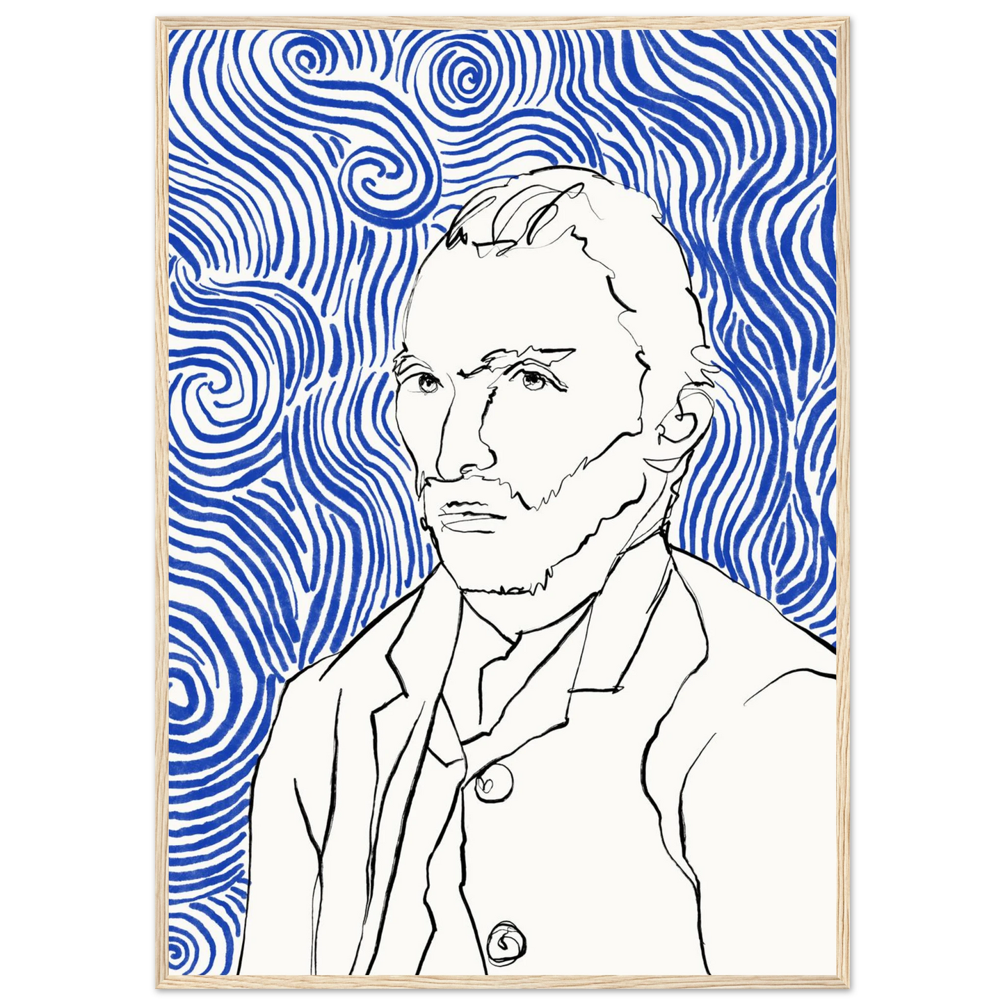 Starry night visionary framed poster iconic artist portrait with swirling blue lines by ioana horvat art print in a White frame size A1 (59.4 x 84.1  cm) affordable wall art by Art Aunty NZ
