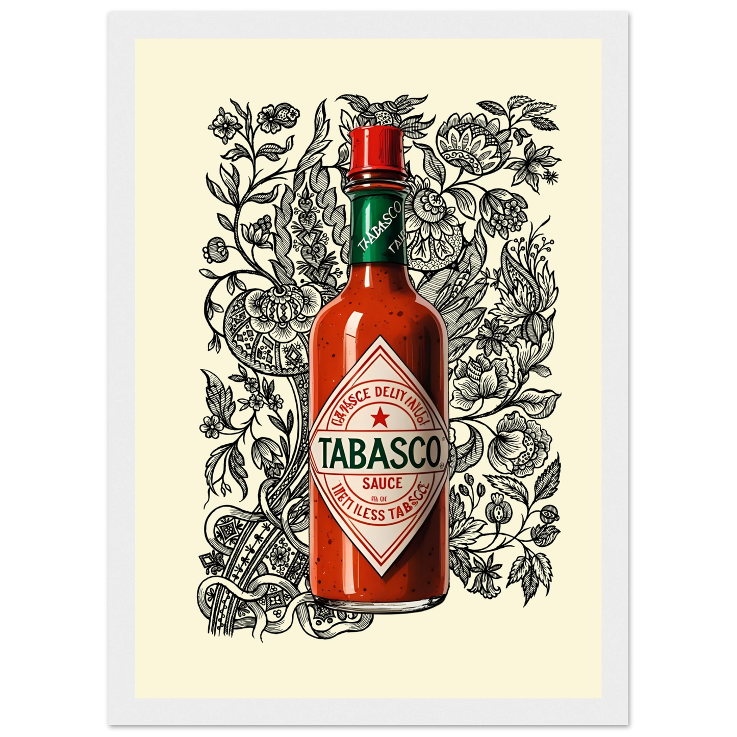 Tabasco sauce pop art bold spicy wall art by anya trut choose your size frame art print in a Wood frame size A1 (59.4 x 84.1  cm) affordable wall art by Art Aunty NZ