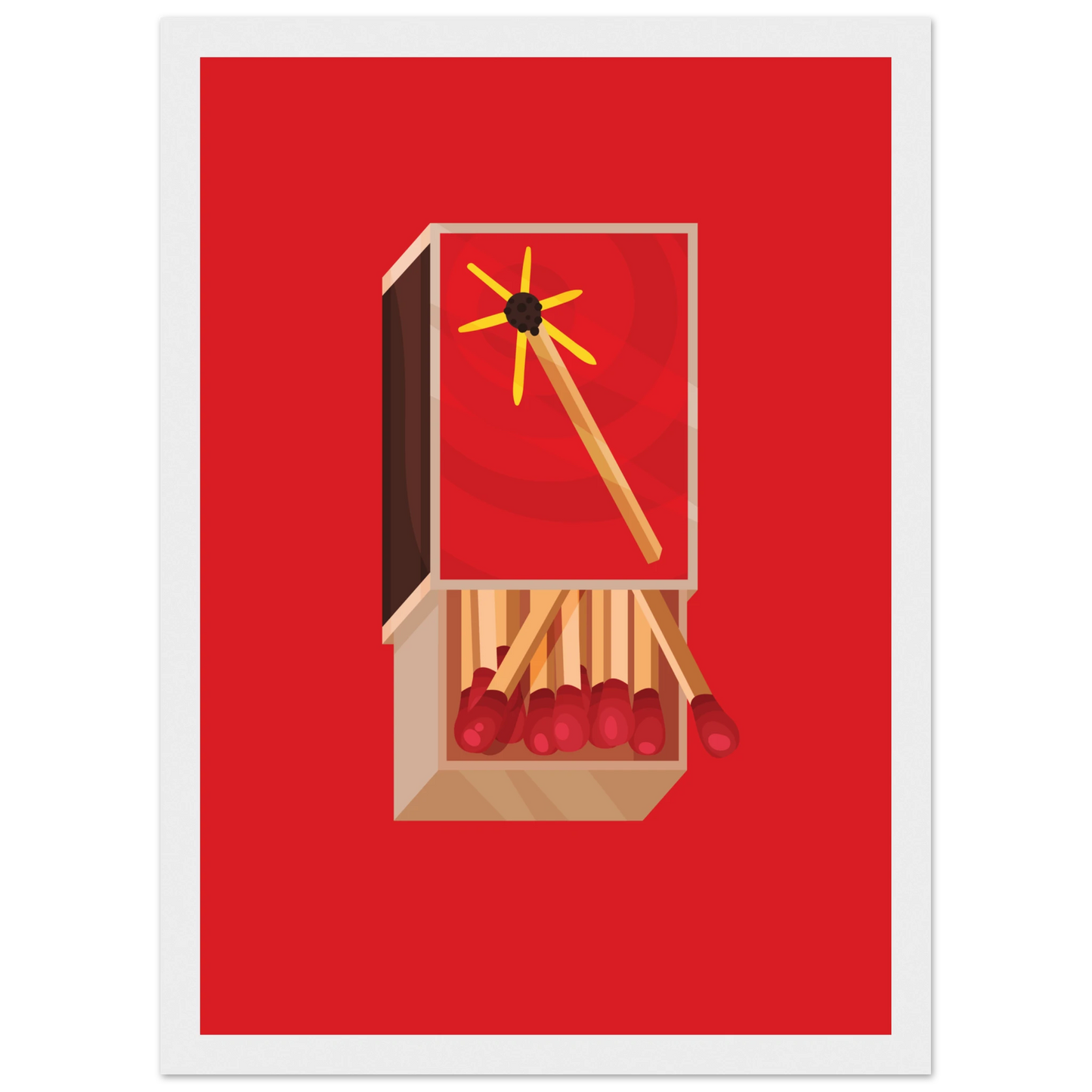 Fiery matchbox art print ignite your decor with bold red yellow hues available framed in various sizes art print in a Wood frame size A1 (59.4 x 84.1  cm) affordable wall art by Art Aunty NZ