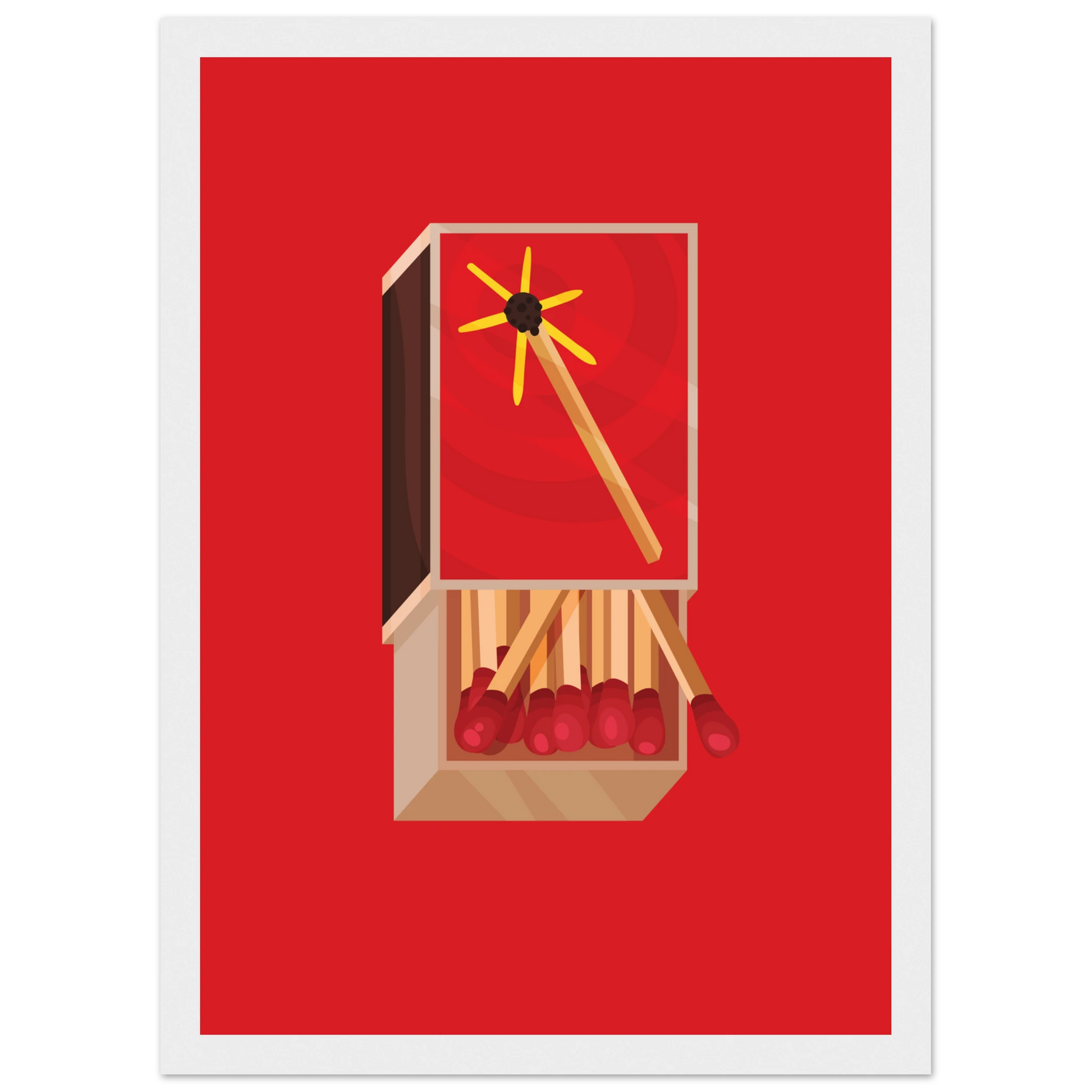 Fiery matchbox art print ignite your decor with bold red yellow hues available framed in various sizes art print in a Wood frame size A1 (59.4 x 84.1  cm) affordable wall art by Art Aunty NZ