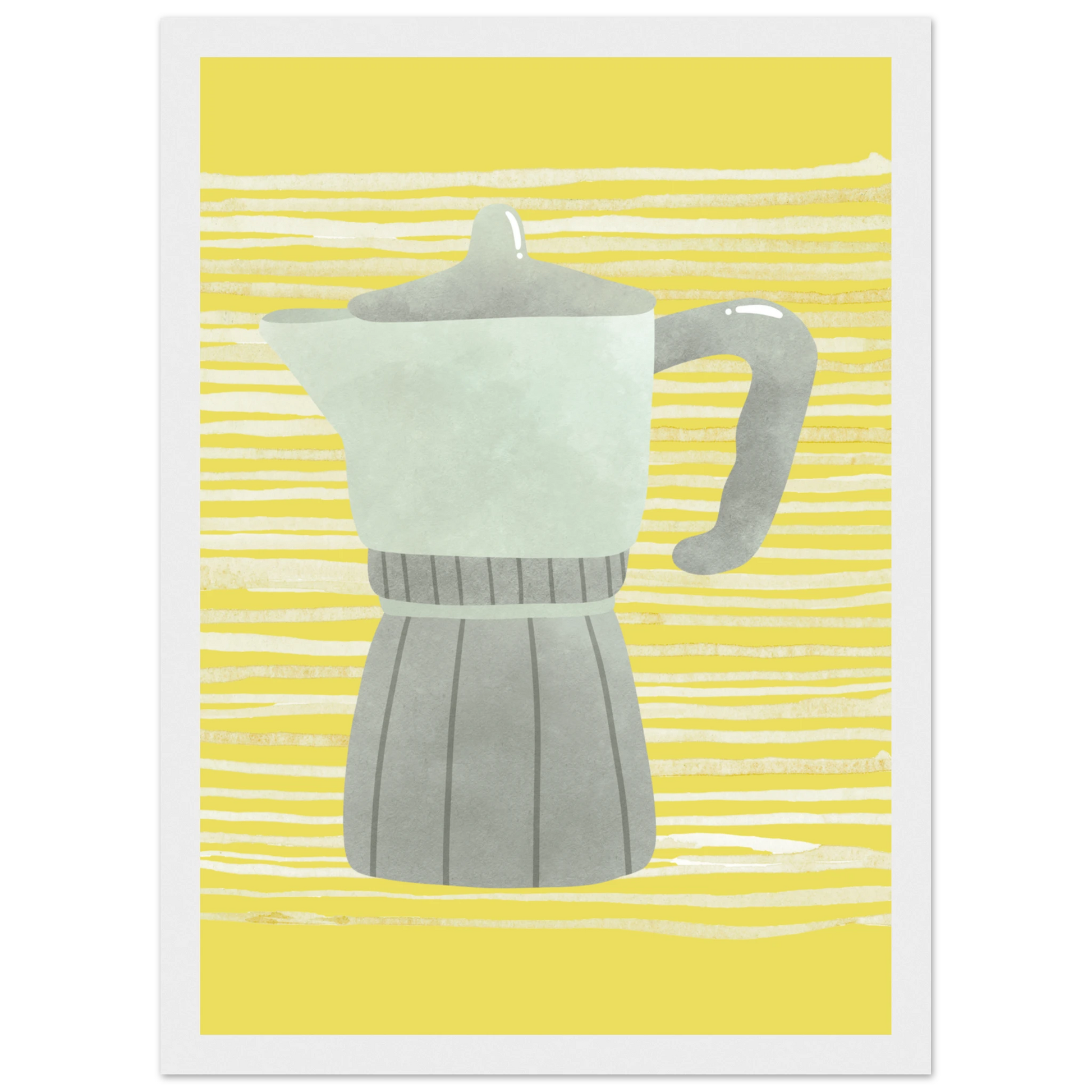 Moka pot morning vibrant yellow grey art print by anya trut available in multiple sizes and frames art print in a Wood frame size A1 (59.4 x 84.1  cm) affordable wall art by Art Aunty NZ