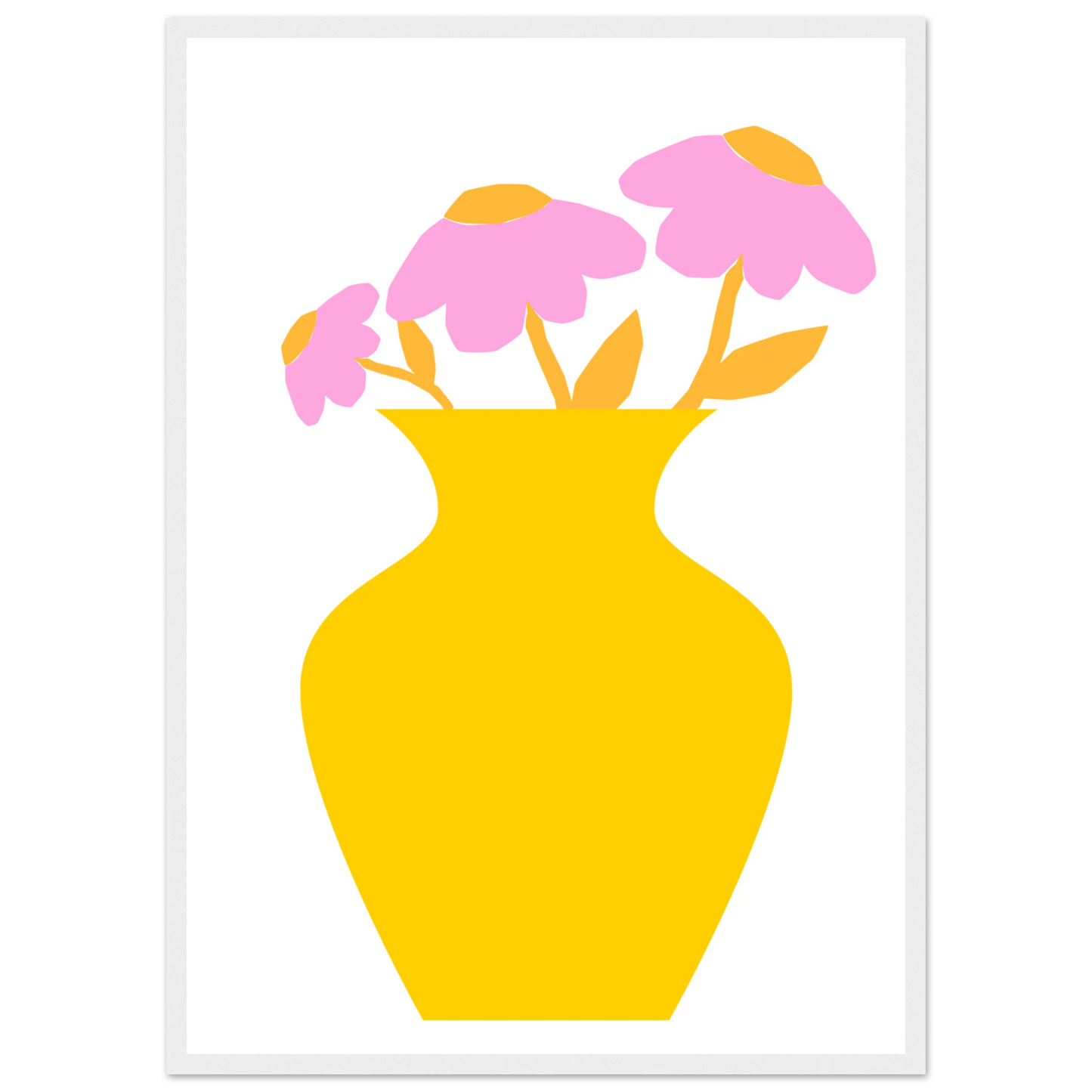 Minimalist pink yellow floral vase art print modern playful decor in your choice of size and frame art print in a Wood frame size A2 (42 x 59.4  cm) affordable wall art by Art Aunty NZ
