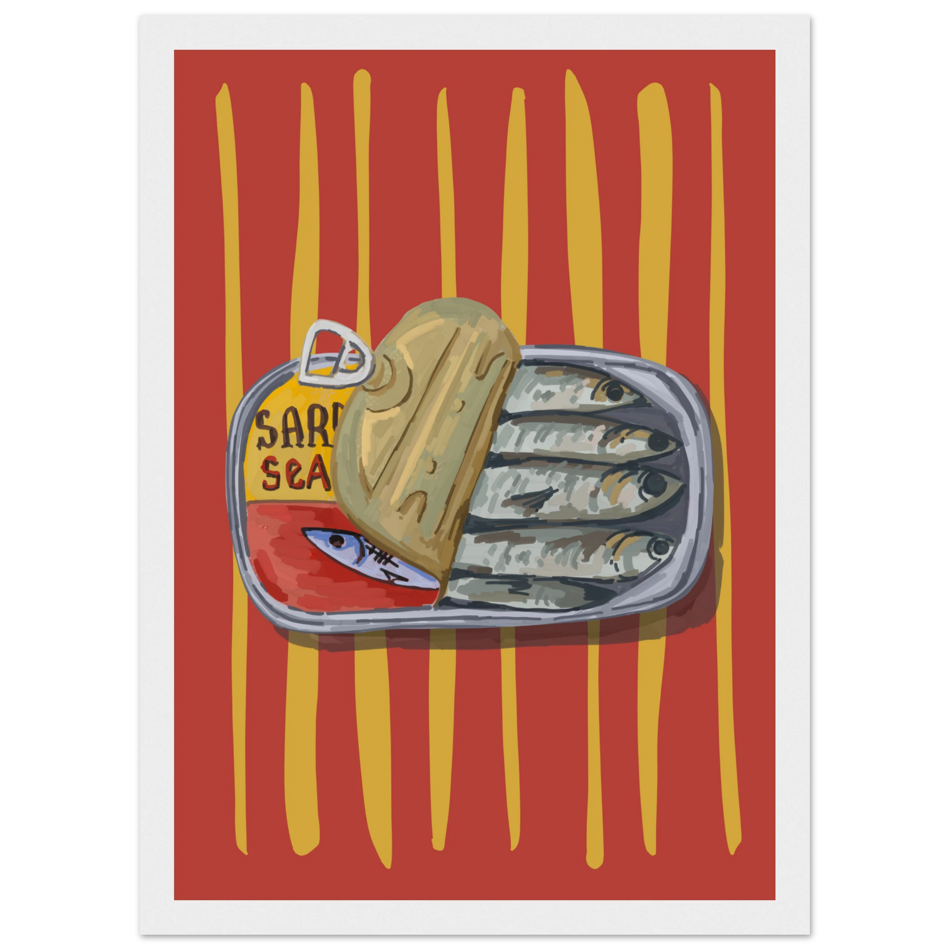 4pm sardine sea pop art print a quirky culinary statement for your walls art print in a Black frame size 21x29.7 cm / 8x12" affordable wall art by Art Aunty NZ