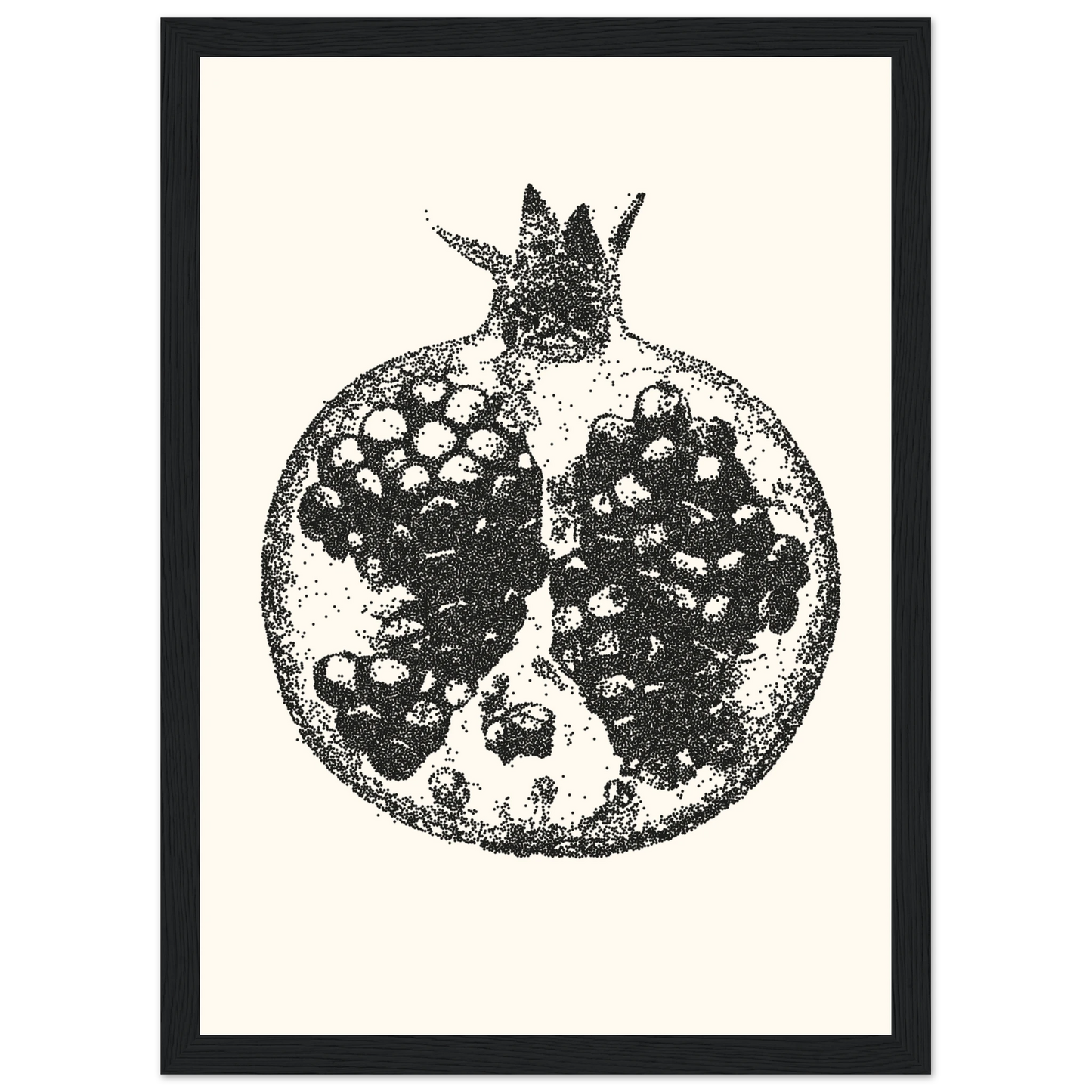Pomegranate stipple art print by anya trut abstract dotwork fruit wall decor in your choice of frame art print in a White frame size A2 (42 x 59.4  cm) affordable wall art by Art Aunty NZ