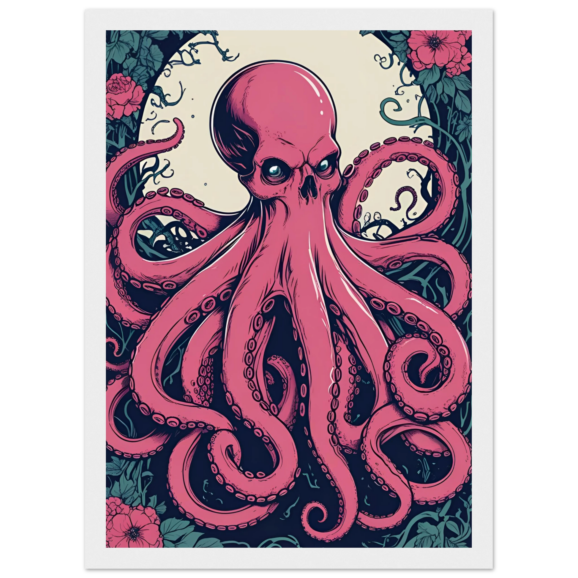 Skulltopus vibrant pink octopus skull botanical art print choose your size frame art print in a Wood frame size A1 (59.4 x 84.1  cm) affordable wall art by Art Aunty NZ