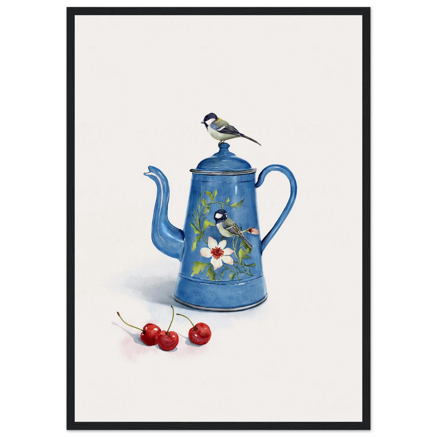 Charming blue bird enamel kettle art print by ioana horvat choose your size frame art print in a White frame size A2 (42 x 59.4  cm) affordable wall art by Art Aunty NZ