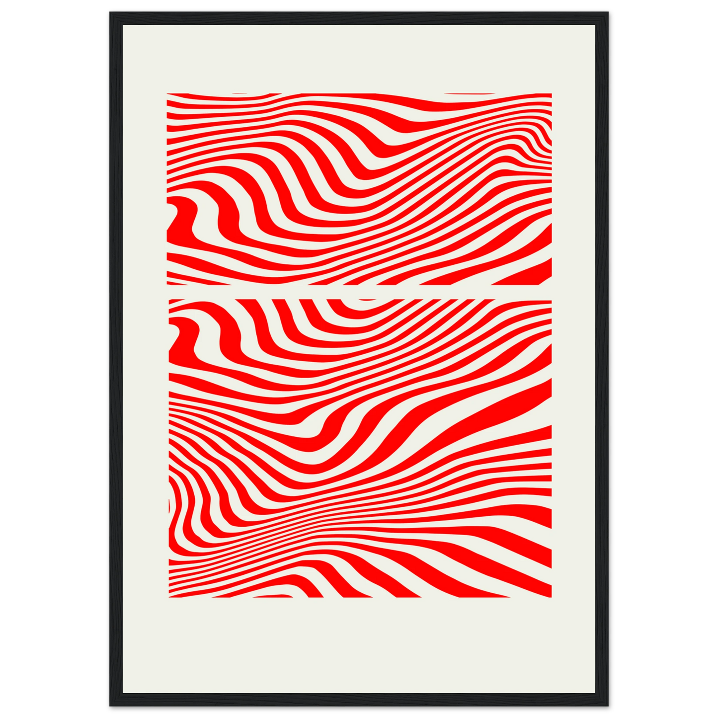 Psychedelic red white waves abstract print hypnotic rhythm framed poster in multiple sizes frame colors art print in a Wood frame size 21x29.7 cm / 8x12" affordable wall art by Art Aunty NZ