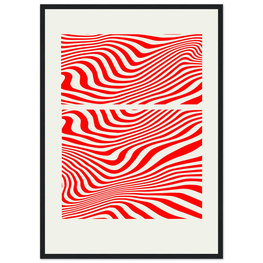 Psychedelic red white waves abstract print hypnotic rhythm framed poster in multiple sizes frame colors art print in a Wood frame size 21x29.7 cm / 8x12" affordable wall art by Art Aunty NZ