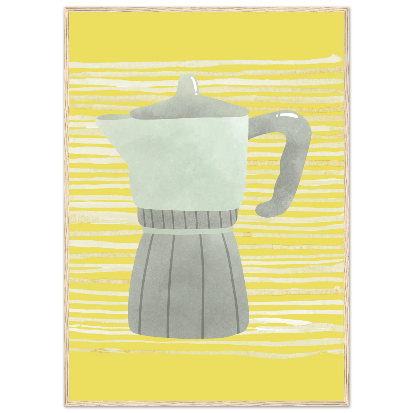Moka pot morning vibrant yellow grey art print by anya trut available in multiple sizes and frames art print in a Black frame size A1 (59.4 x 84.1  cm) affordable wall art by Art Aunty NZ