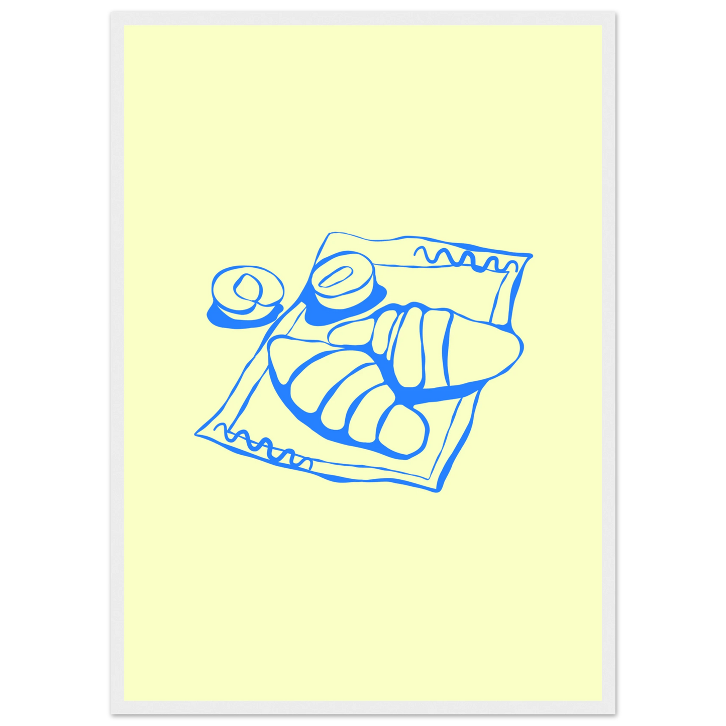 Minimalist blue croissant art print charming breakfast illustration in your choice of frame size art print in a Wood frame size A2 (42 x 59.4  cm) affordable wall art by Art Aunty NZ