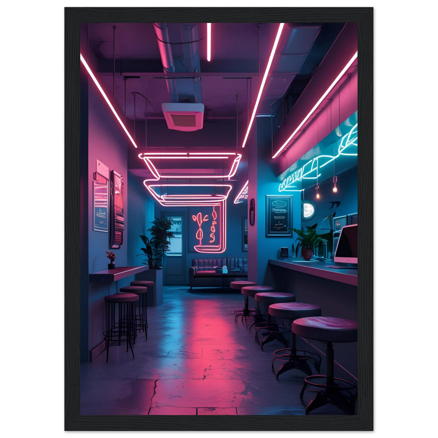Neon dreams retro cafe art print by anya trut choose your size frame for a cyberpunk vibe art print in a White frame size A2 (42 x 59.4  cm) affordable wall art by Art Aunty NZ