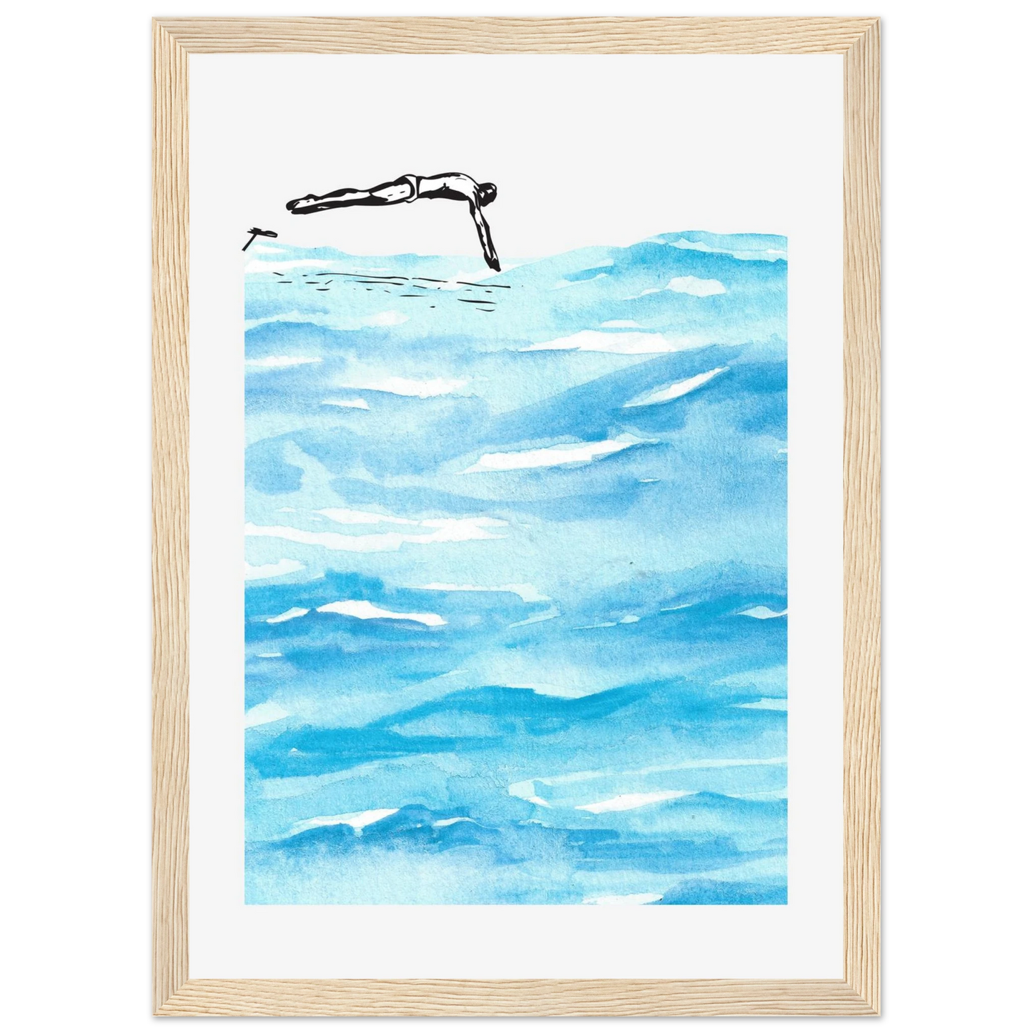 Deep diving art print in a White frame size A2 (42 x 59.4  cm) affordable wall art by Art Aunty NZ
