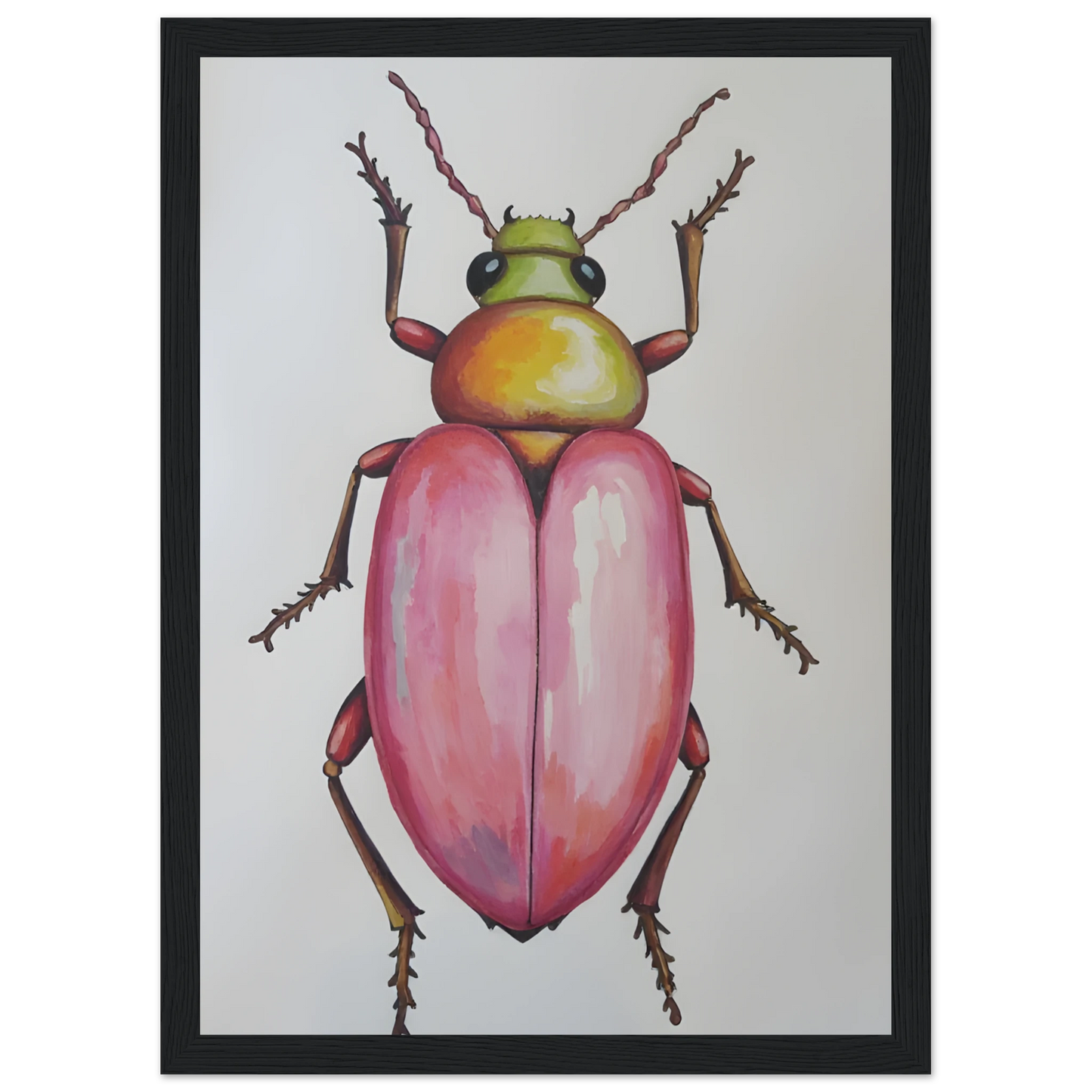 4pm whimsical pink green beetle art print for modern spaces available in three sizes and frame finishes art print in a White frame size A2 (42 x 59.4  cm) affordable wall art by Art Aunty NZ