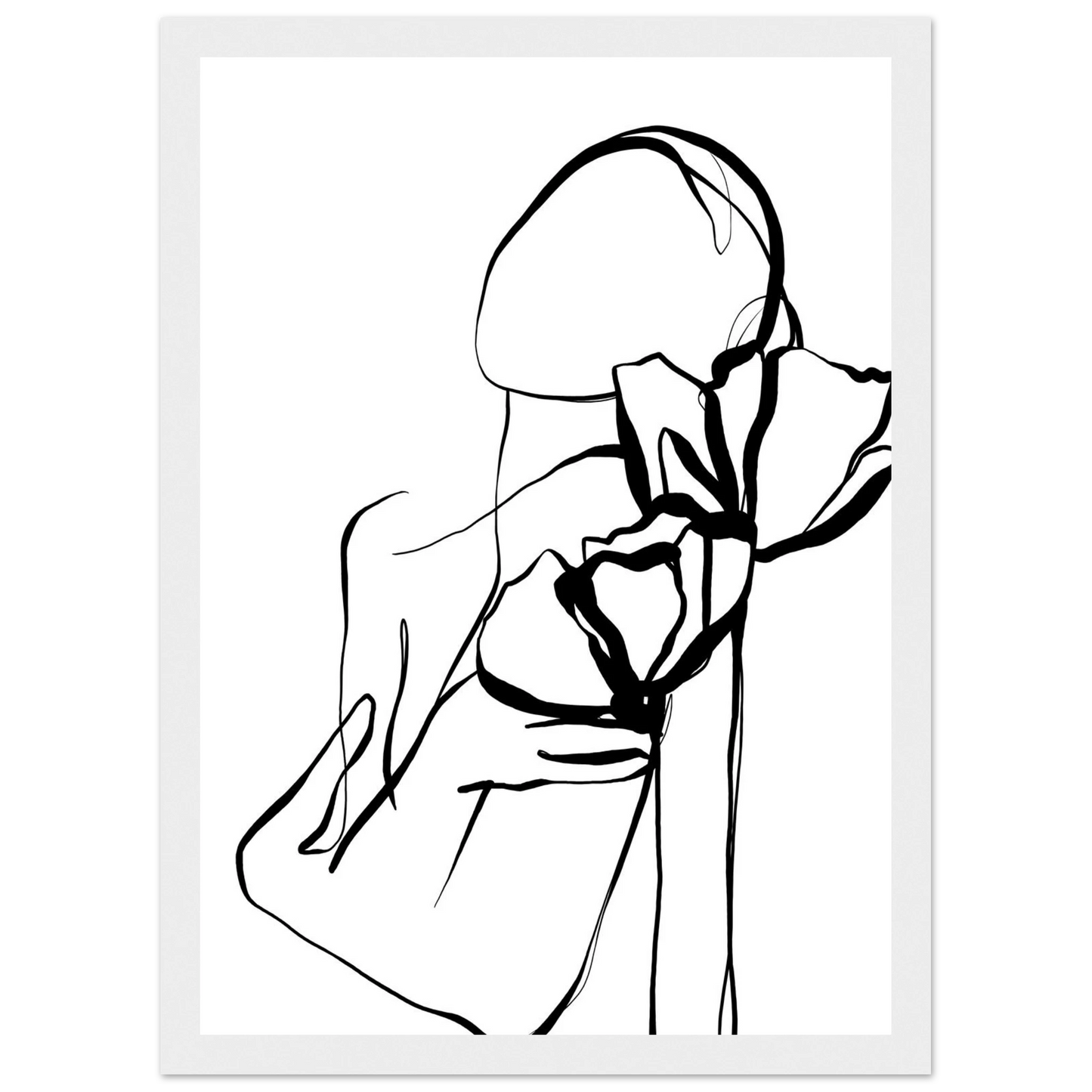 Abstract floral embrace line art print minimalist black white botanical poster art print in a Wood frame size A1 (59.4 x 84.1  cm) affordable wall art by Art Aunty NZ