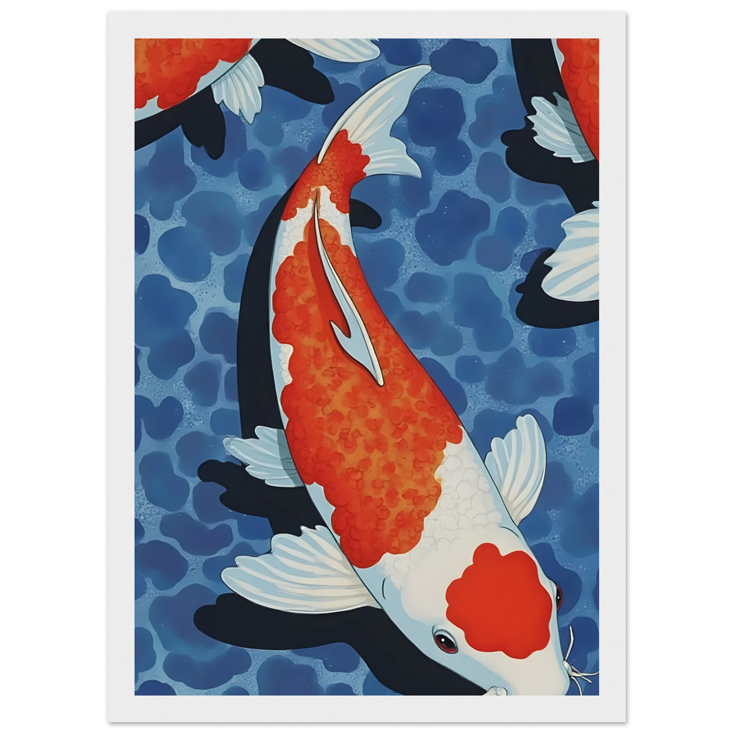 Zen koi pond art print vibrant orange white fish in blue water in your choice of size and frame art print in a Black frame size 21x29.7 cm / 8x12" affordable wall art by Art Aunty NZ
