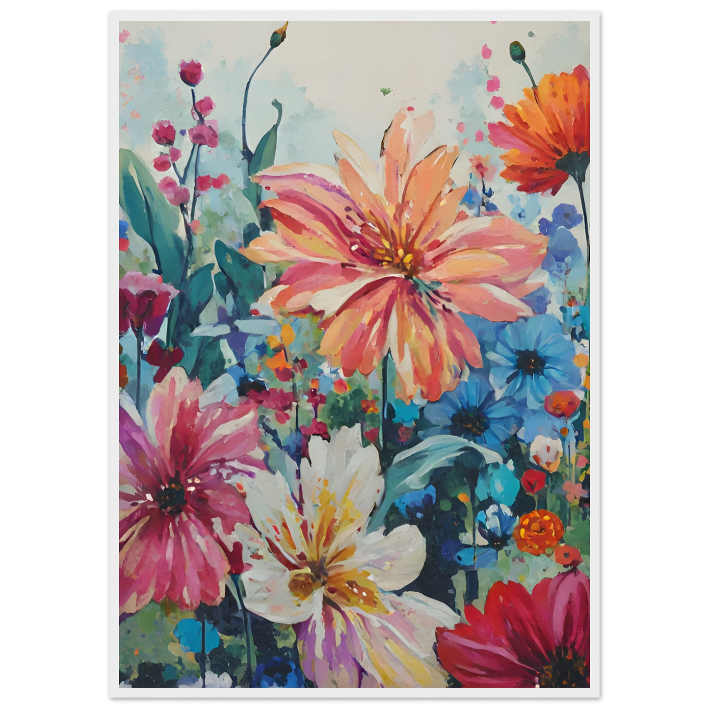 Vibrant floral meadow impressionistic wildflower art print customizable sizes frames art print in a White frame size 21x29.7 cm / 8x12" affordable wall art by Art Aunty NZ