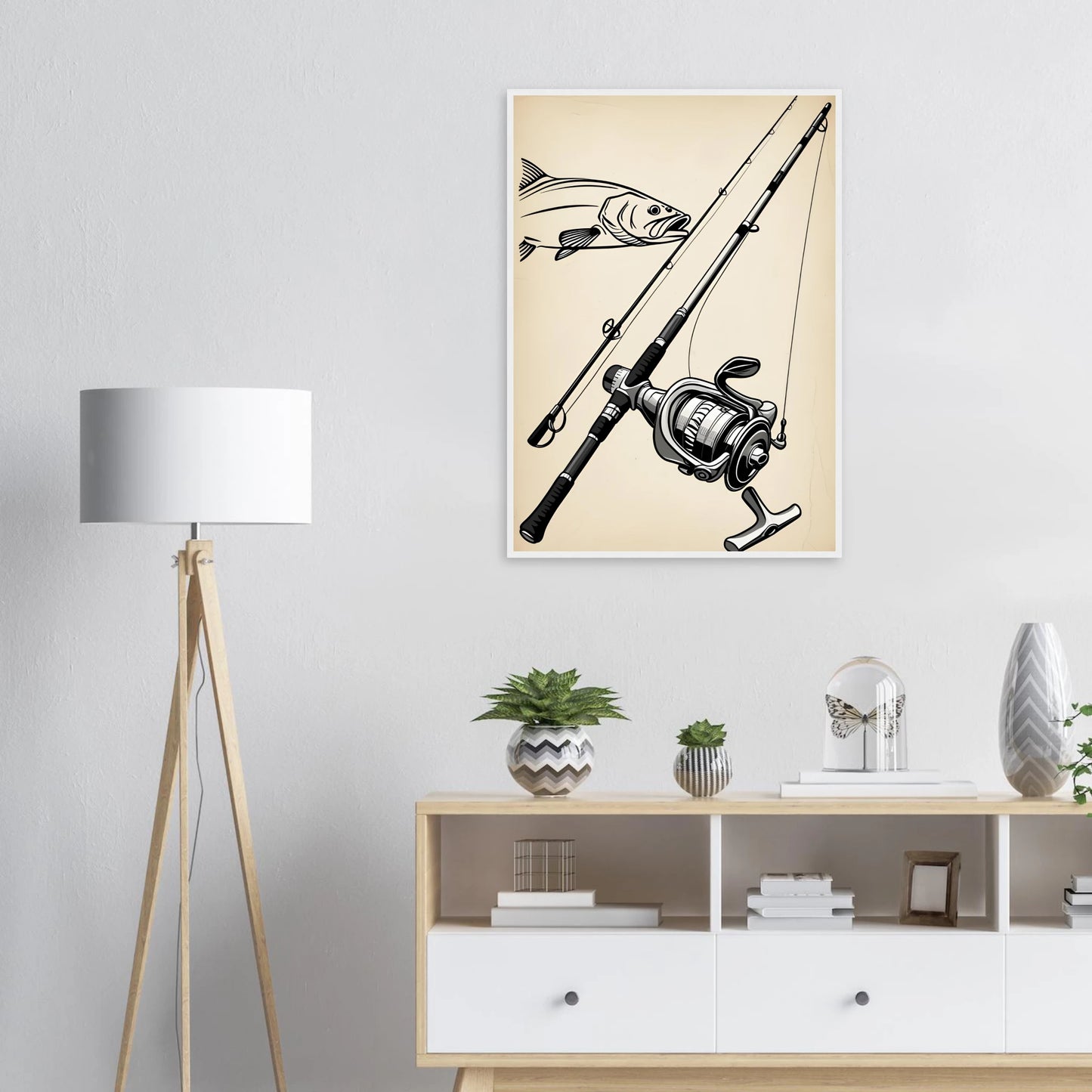 Classic fishing rod reel with bass design art print for anglers outdoors enthusiasts art print in a  size  affordable wall art by Art Aunty NZ