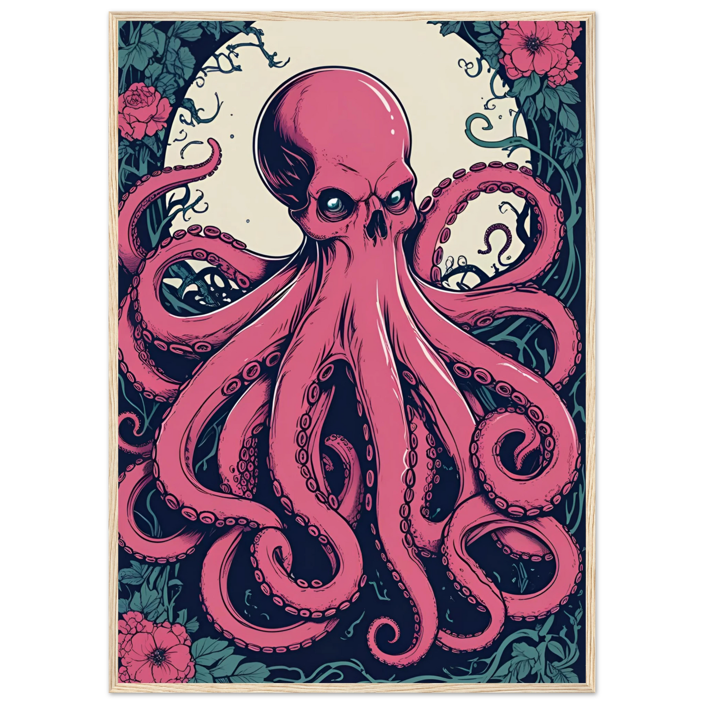 Skulltopus vibrant pink octopus skull botanical art print choose your size frame art print in a Black frame size A1 (59.4 x 84.1  cm) affordable wall art by Art Aunty NZ