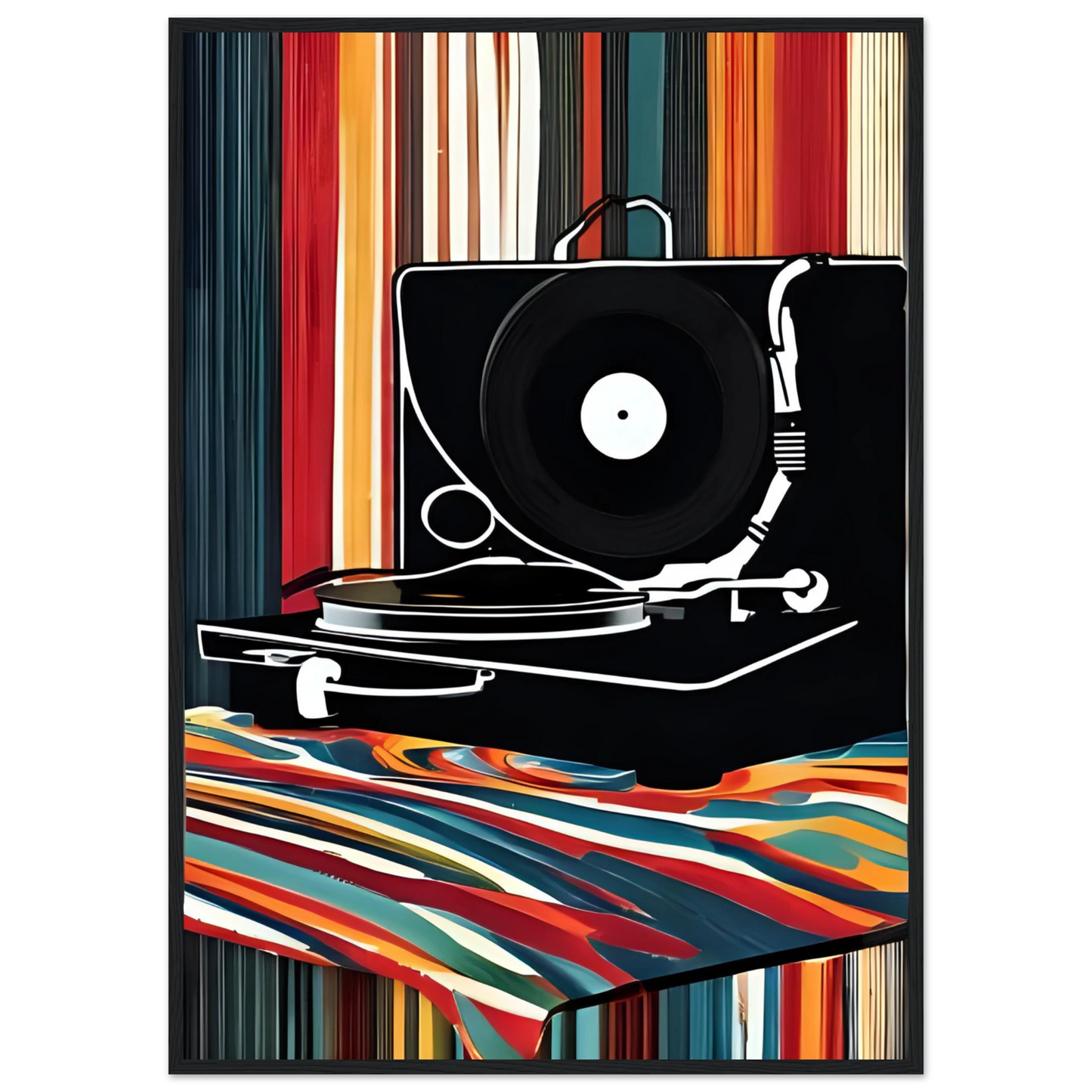 Retro groove record player framed poster vibrant pop art for your home multiple sizes frames art print in a Black frame size A2 (42 x 59.4  cm) affordable wall art by Art Aunty NZ