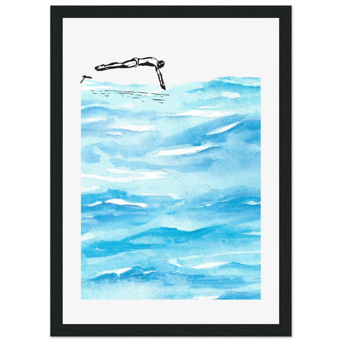 Deep diving art print in a Black frame size A2 (42 x 59.4  cm) affordable wall art by Art Aunty NZ