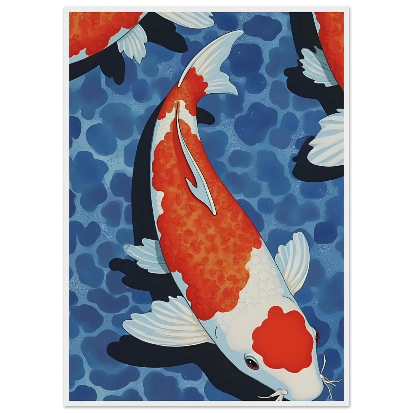 Zen koi pond art print vibrant orange white fish in blue water in your choice of size and frame art print in a White frame size 21x29.7 cm / 8x12" affordable wall art by Art Aunty NZ