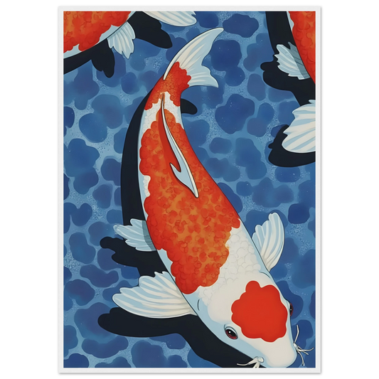 Zen koi pond art print vibrant orange white fish in blue water in your choice of size and frame art print in a White frame size 21x29.7 cm / 8x12" affordable wall art by Art Aunty NZ